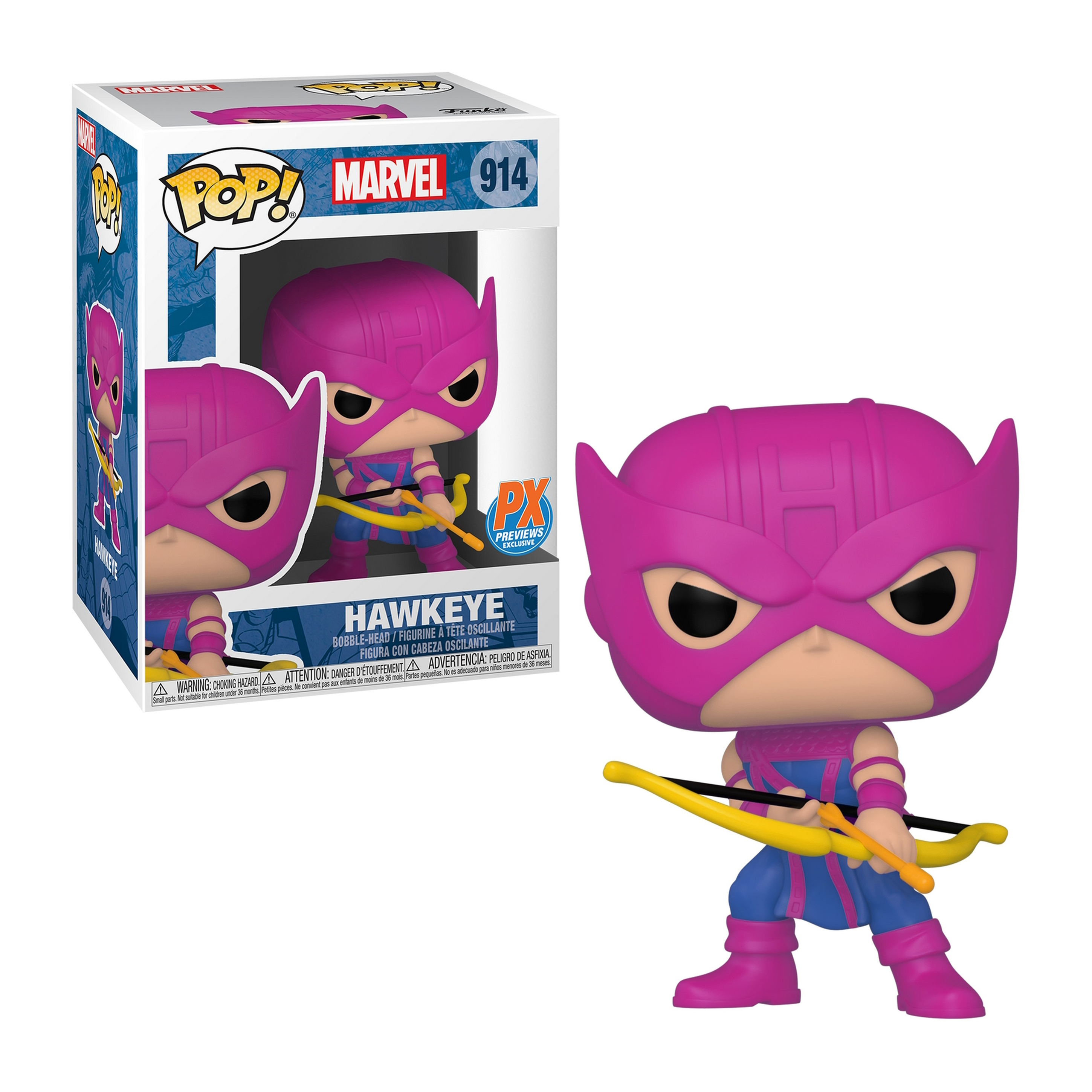 Funko Pop-Figur von Hawkeye, der eine lila Maske und ein Kostüm trägt und einen gelben Bogen hält.