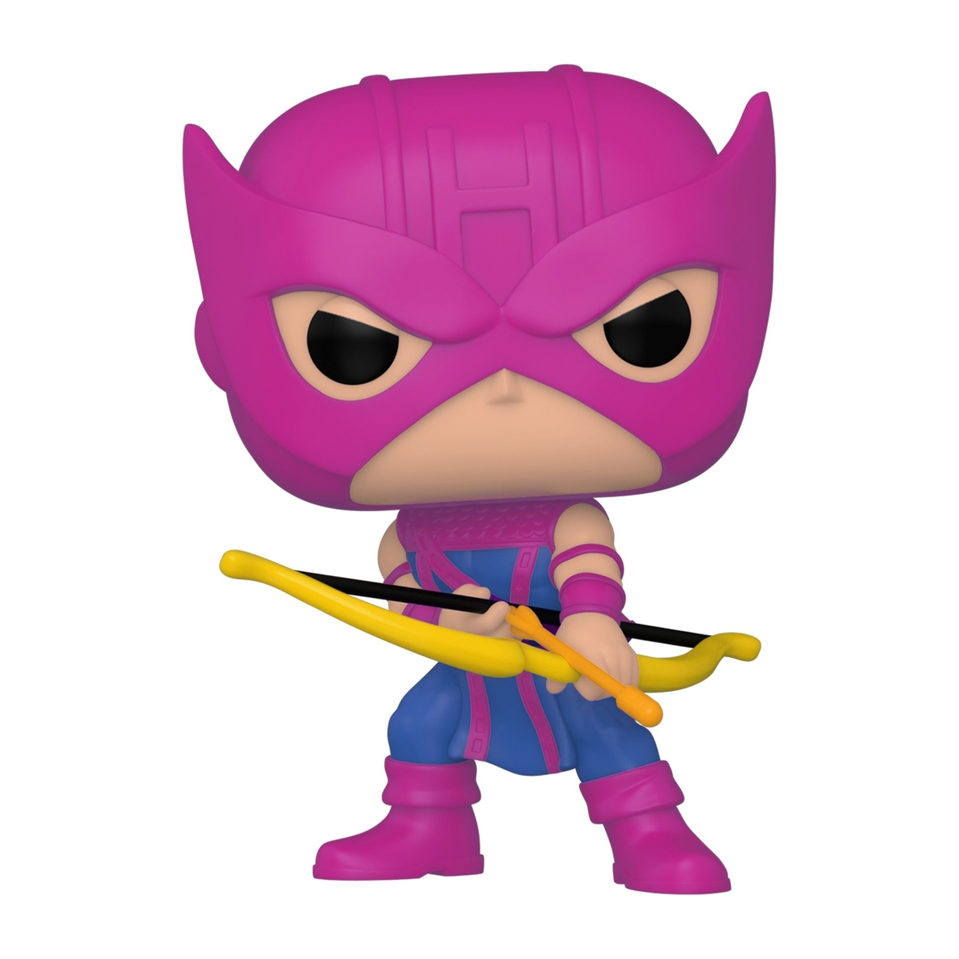 Funko Pop! Figur von Hawkeye, trägt ein lila-blaues Kostüm, hält einen Bogen.