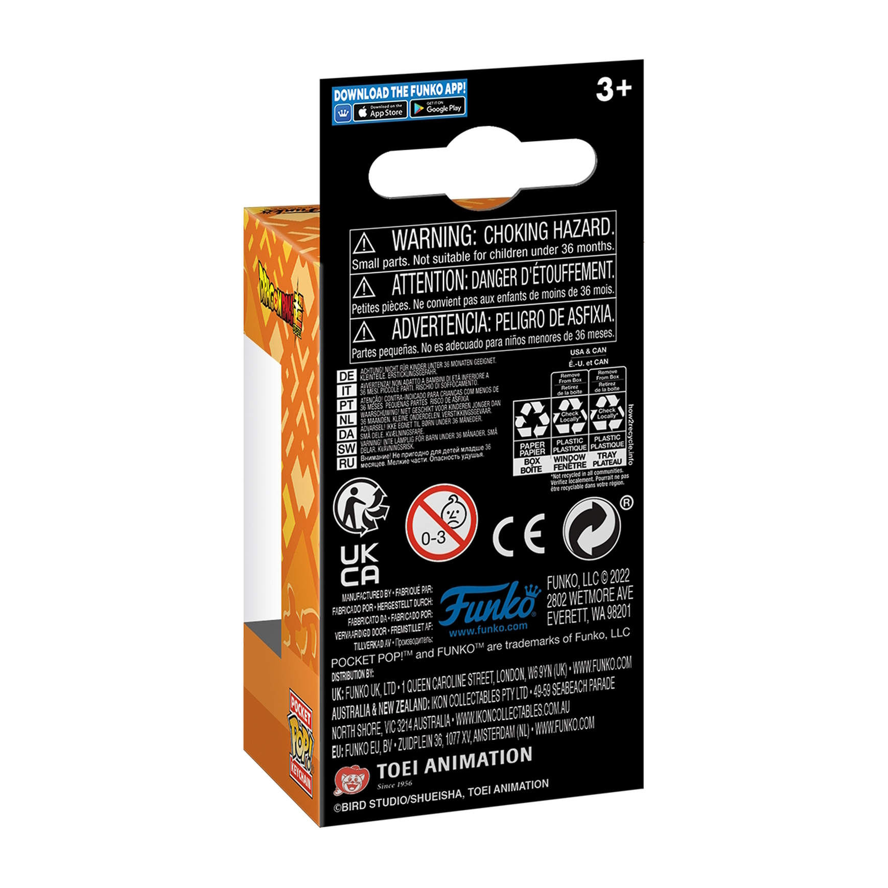Caja con etiquetas de advertencia. Contiene figura Funko Pop e información relacionada.