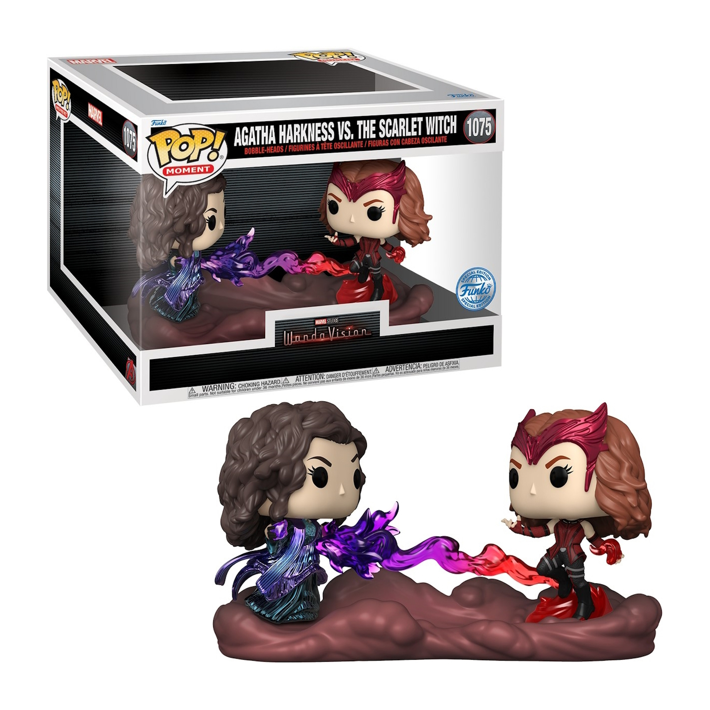 Agatha Harkness vs. The Scarlet Witch Funko Pop. Figurki w pudełku i poza nim. Fioletowa energia, stroje czerwono-czarne.