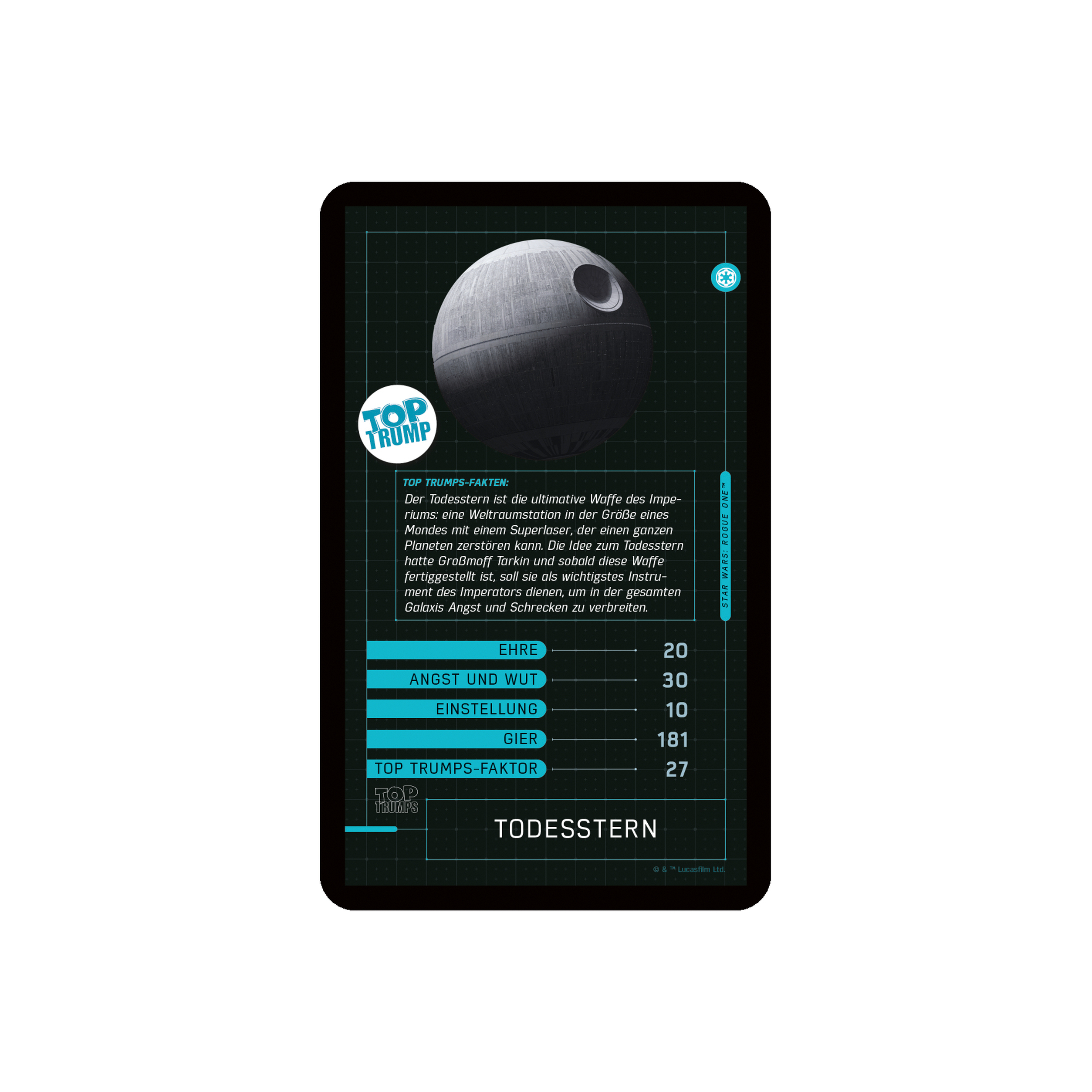 Top Trumps Karte mit Illustration des Todessterns. Text beschreibt die Macht und die Werte des Todessterns.