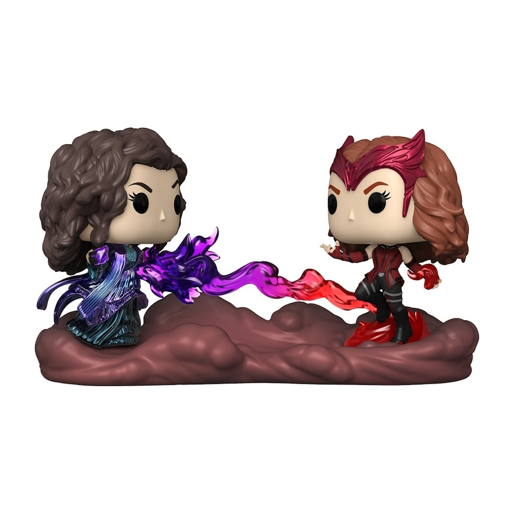 Dwie figurki Funko Pop Scarlet Witch i Wandy Maximoff, pozujące na podstawie z chmur.