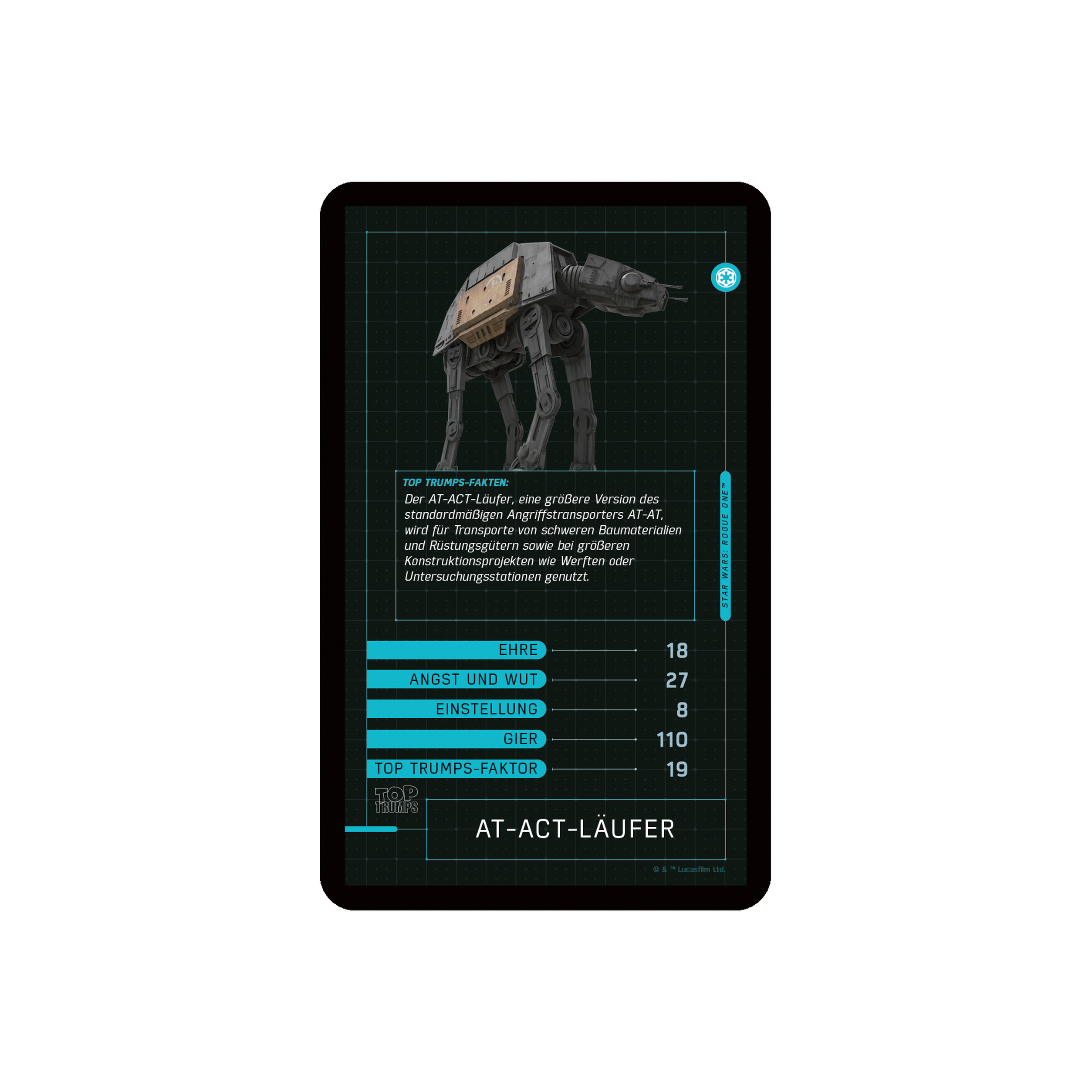 Star Wars Sammelkarte mit einem AT-AT. Die Karte hat Text und Statistiken zum Fahrzeug.