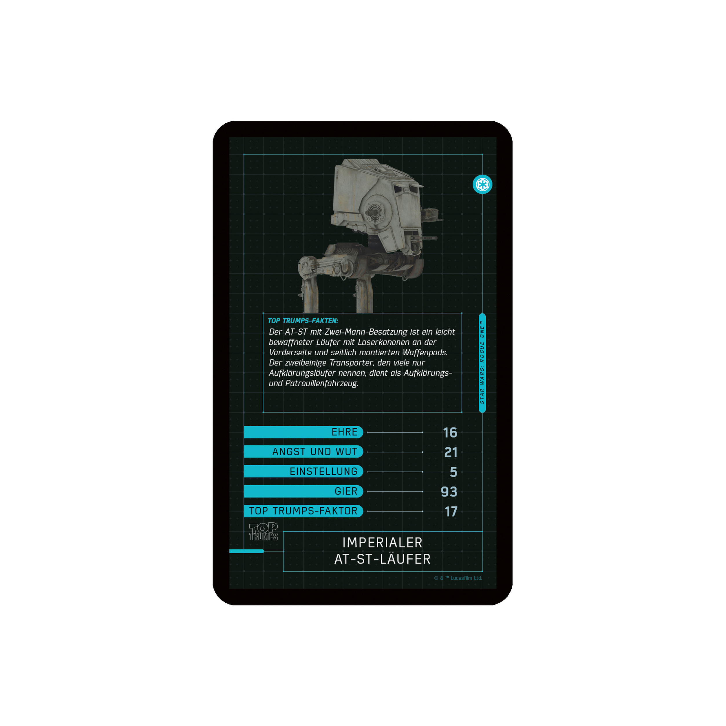 Star Wars Karte des AT-ST Walkers, mit Statistiken. Blauer Gitterhintergrund.