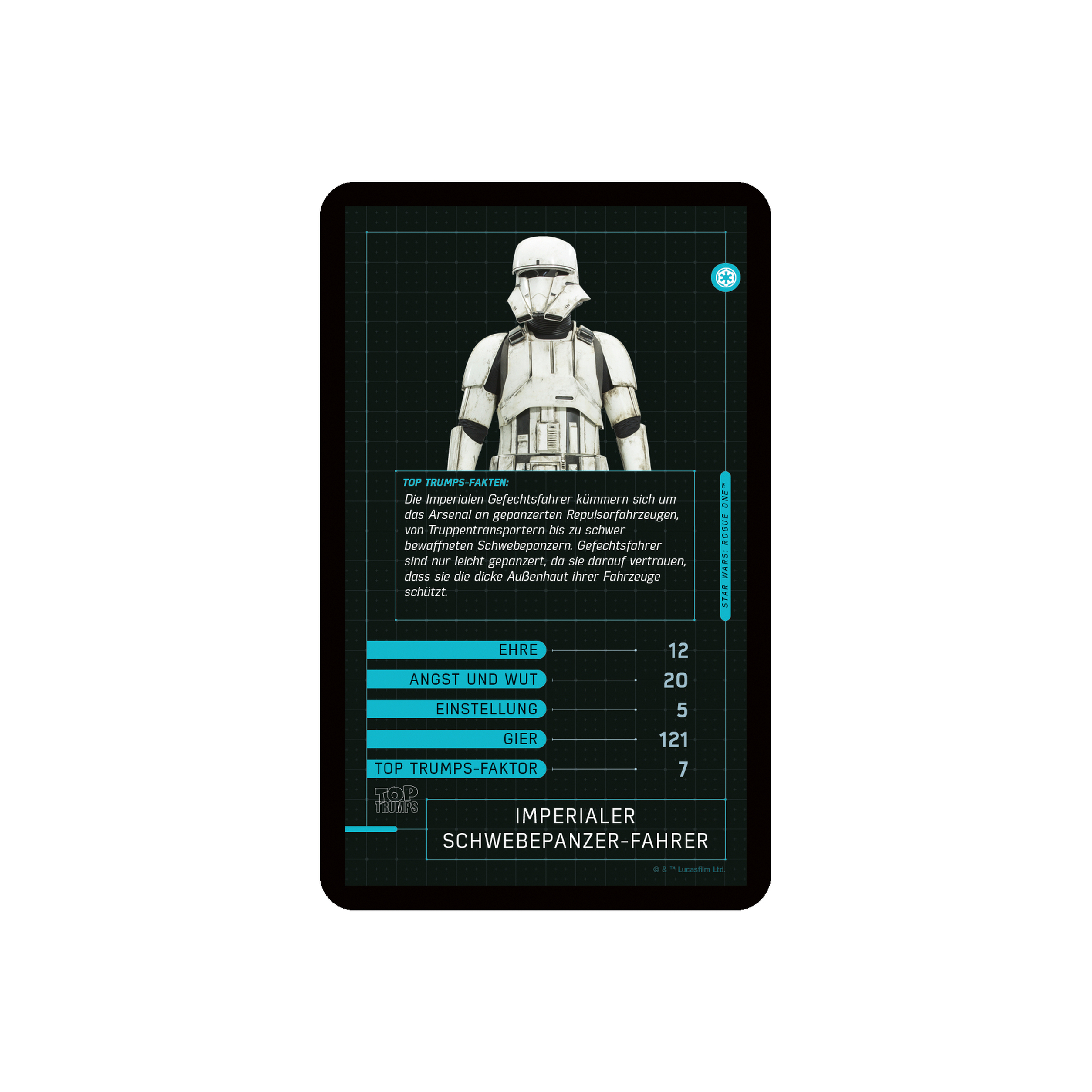 Eine Star Wars Karte. Sie zeigt einen Sturmtruppler mit Statistiken. Weißer Hintergrund.