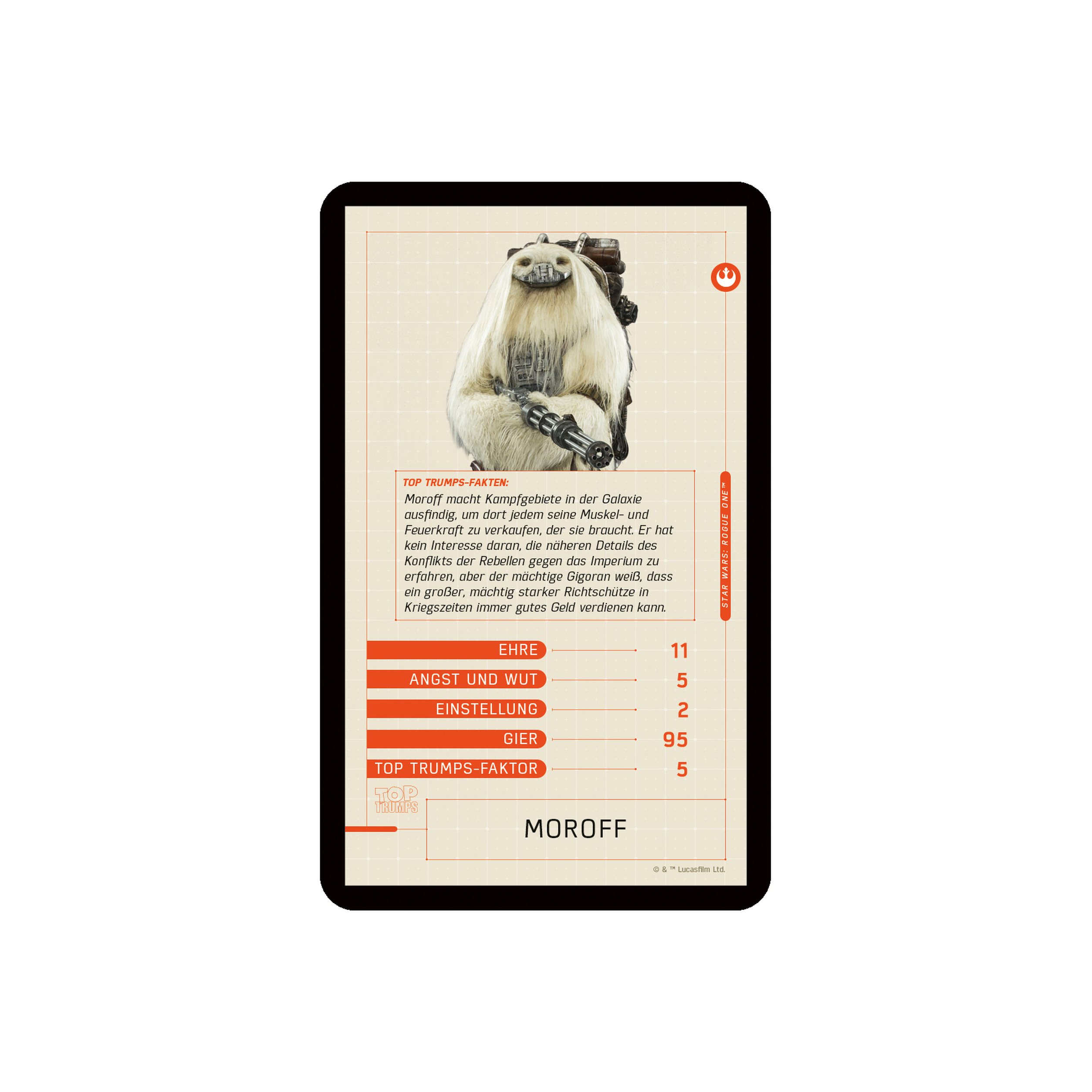 Top Trumps Karte mit Moroff, mit Statistiken und Text über seine Kampffähigkeiten und seine Rolle in der Rebellenallianz.