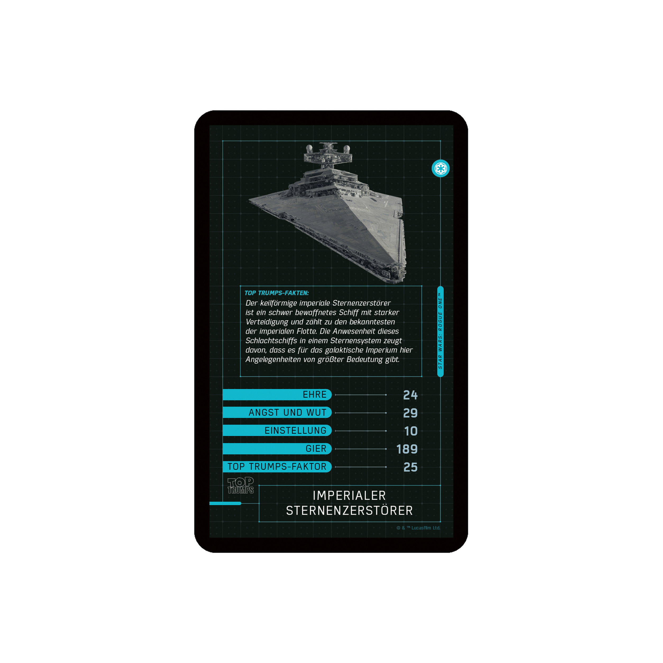 Top Trumps Karte eines Imperialen Sternzerstörers. Statistiken auf der Karte. Schwarz, grün und weiß.