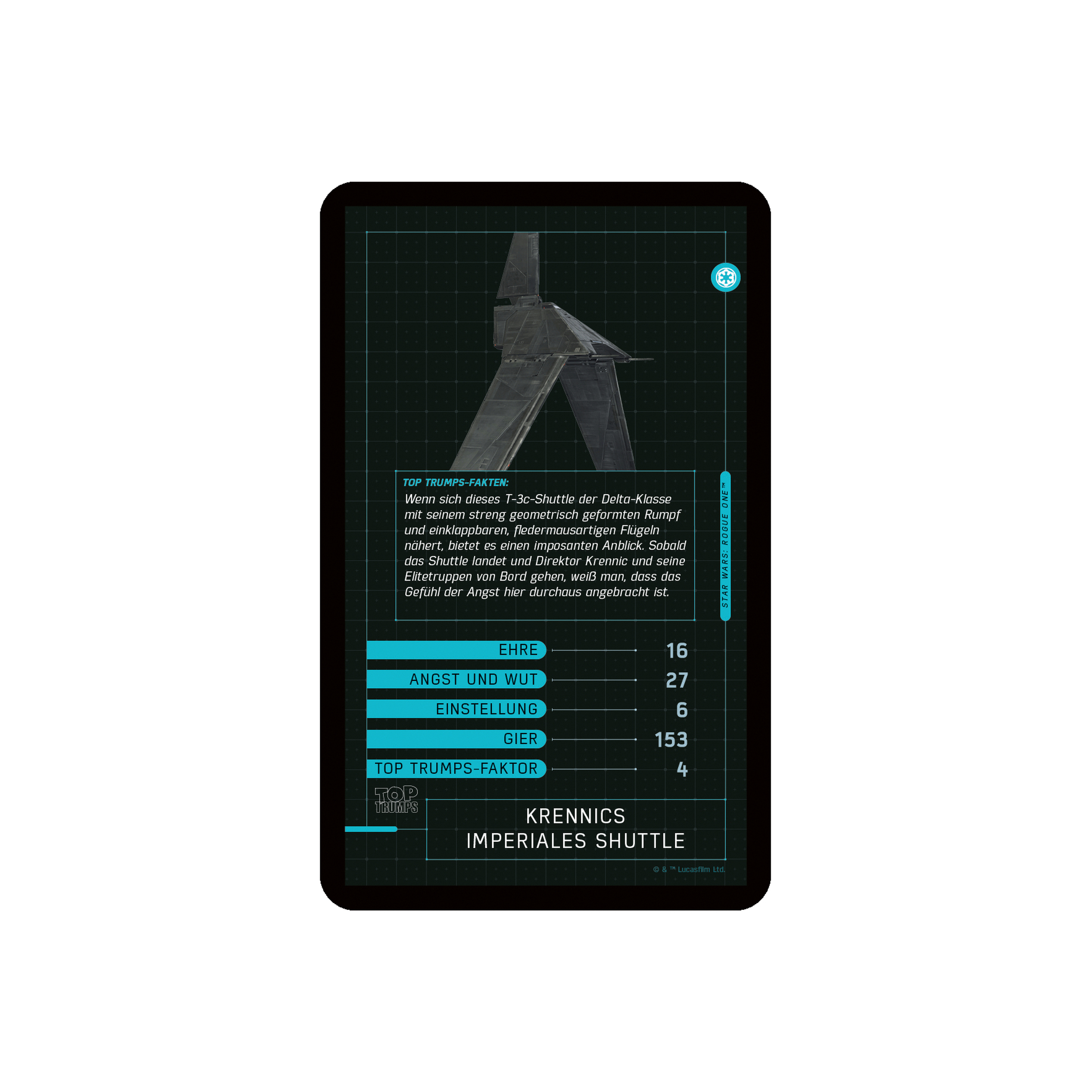 Star Wars Top Trumps Karte, schwarz mit blauem Text und einem Raumschiff darauf.