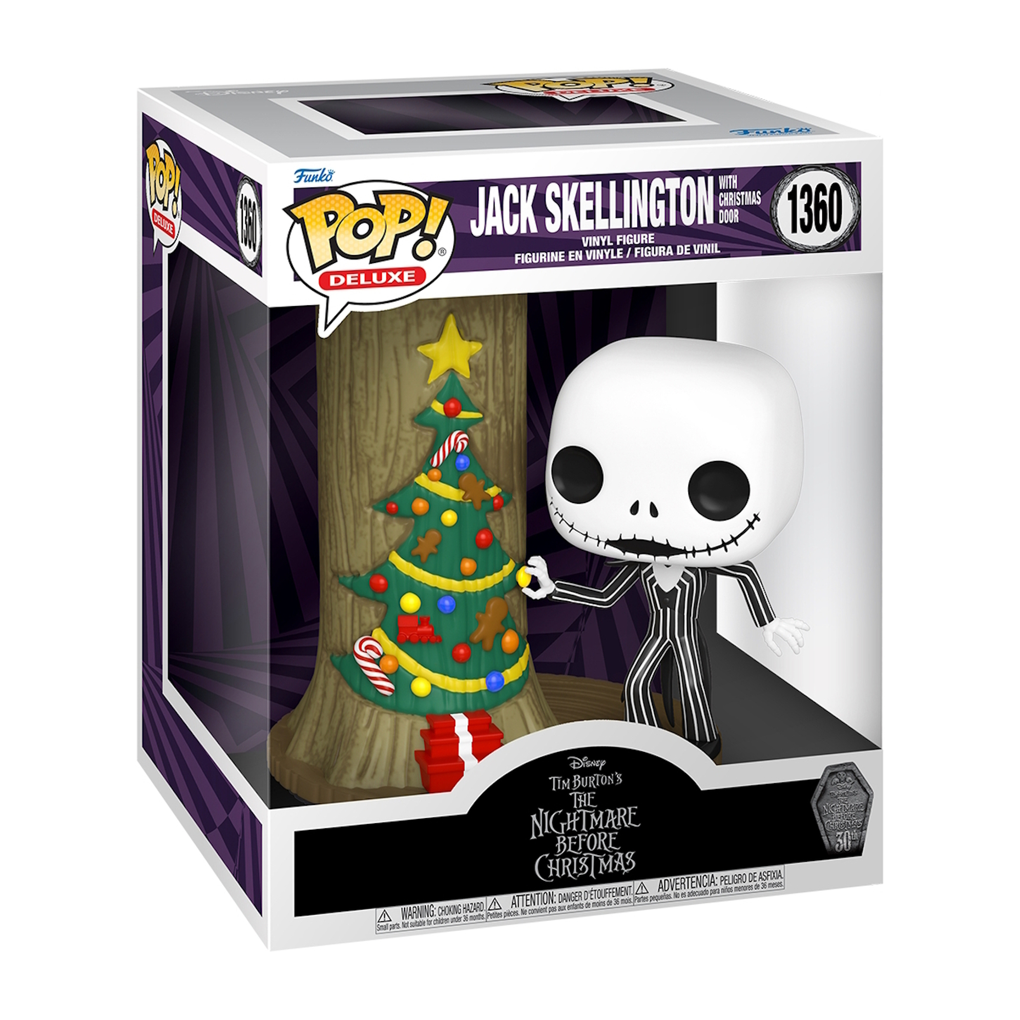 Figura Pop de Jack Skellington en una caja de exhibición. Está junto a un adorno de árbol de Navidad.