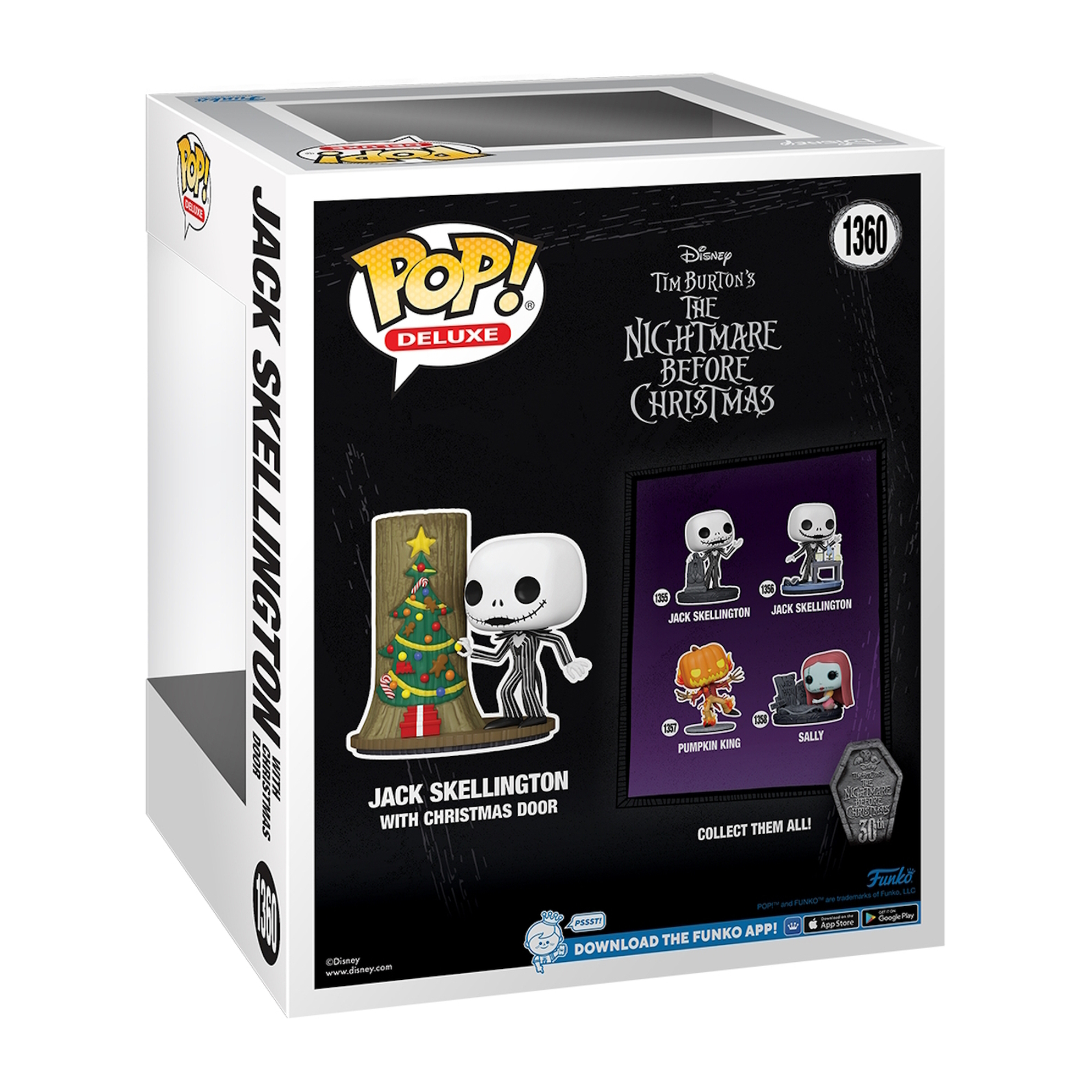 Funko Pop! Deluxe Jack Skellington con puerta navideña, trasera de caja con figuras.