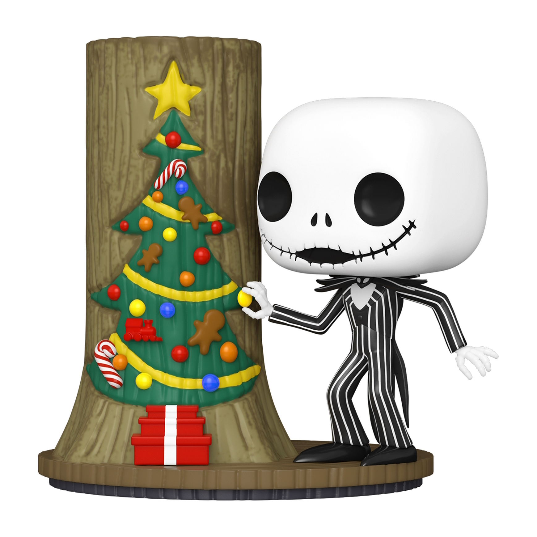 Figura de Jack Skellington con un adorno de árbol de Navidad. Jack sostiene un adorno dorado.
