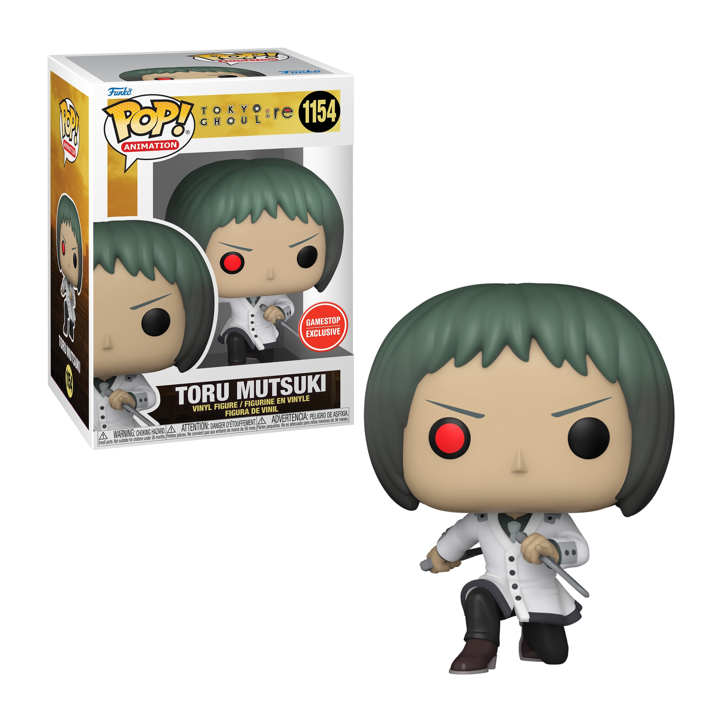 Funko Pop Figur von Toru Mutsuki aus Tokyo Ghoul, mit zwei Klingen, trägt einen weißen Mantel.