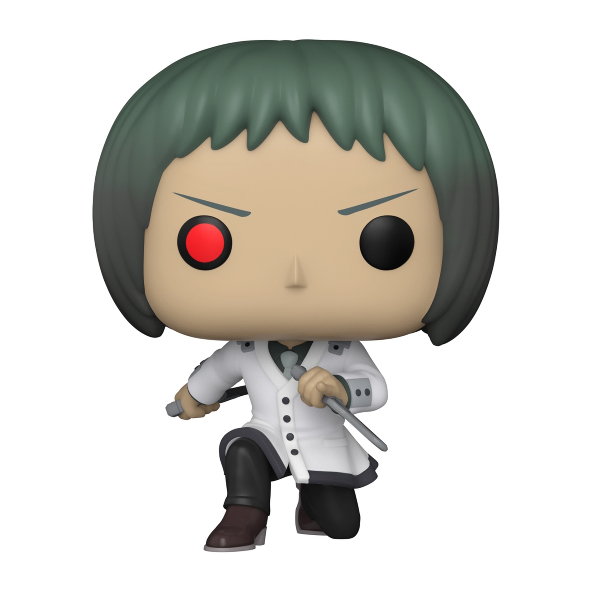 Funko Pop einer Figur. Grünes Haar. Weißer Mantel, schwarze Hose. Rotes Auge und schwarzes Auge. Hockend.