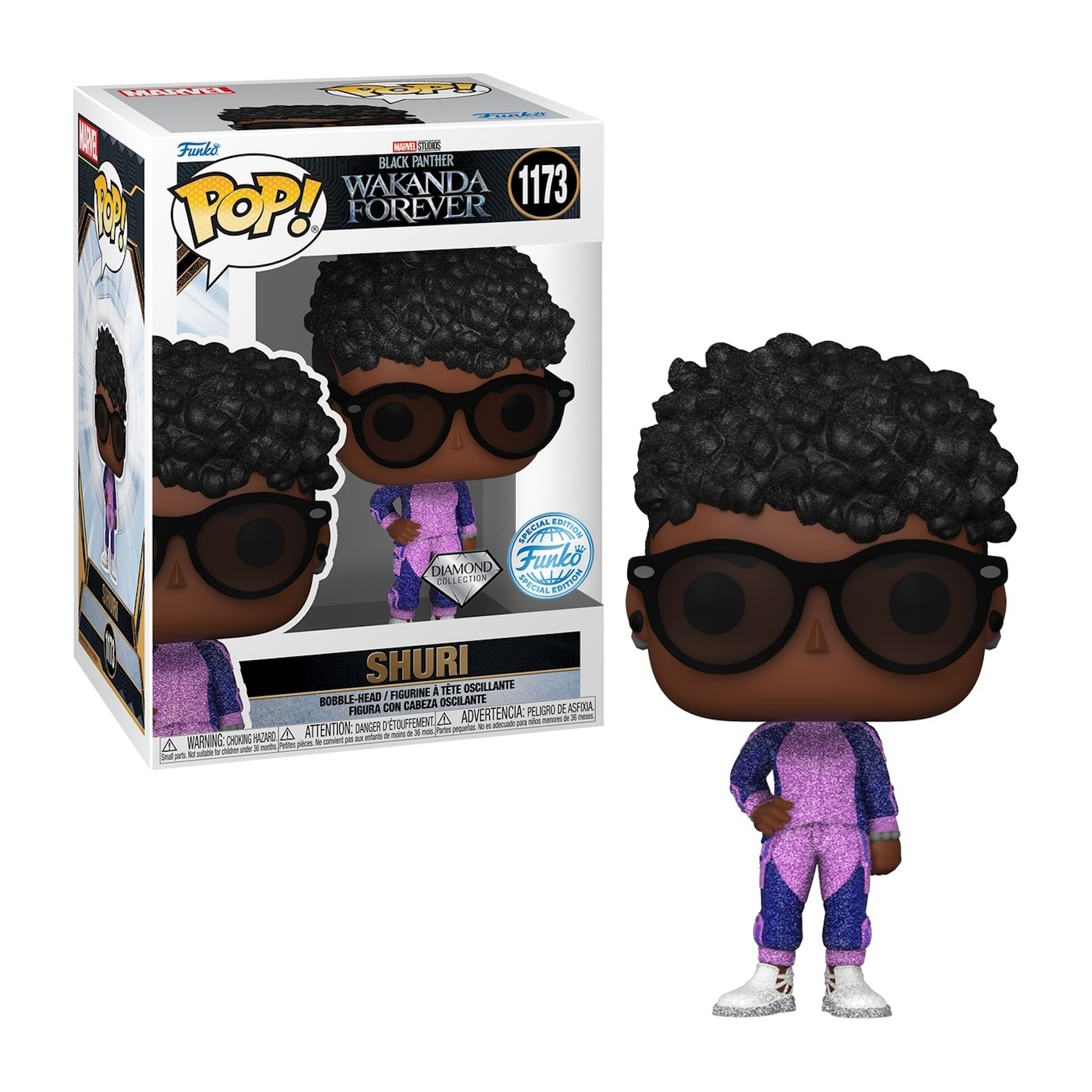 Eine Funko Pop Figur von Shuri aus Black Panther. Sie trägt lila und blaue Kleidung.