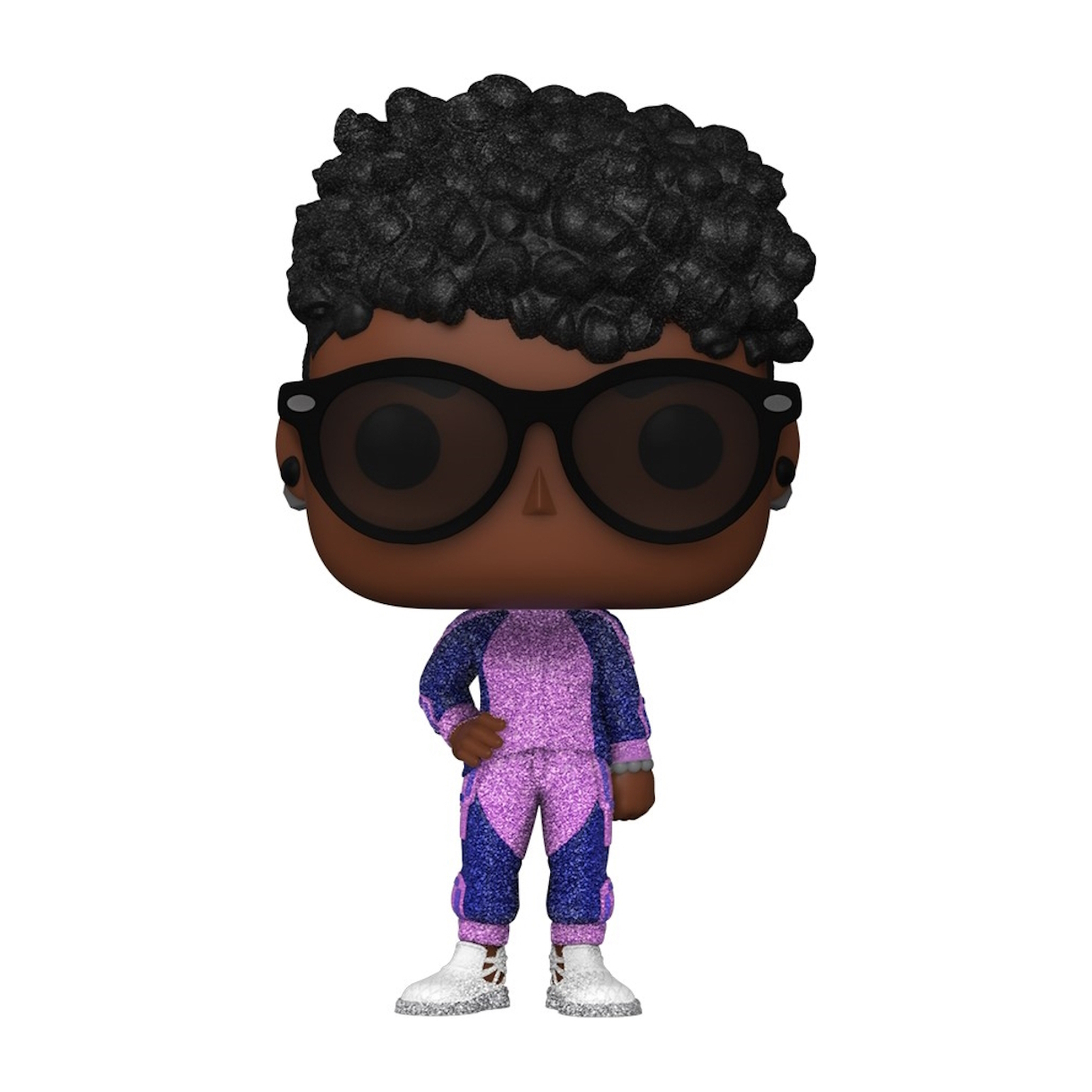 Figur einer Person mit großer Brille, lila-blauem Overall und weißen Schuhen.
