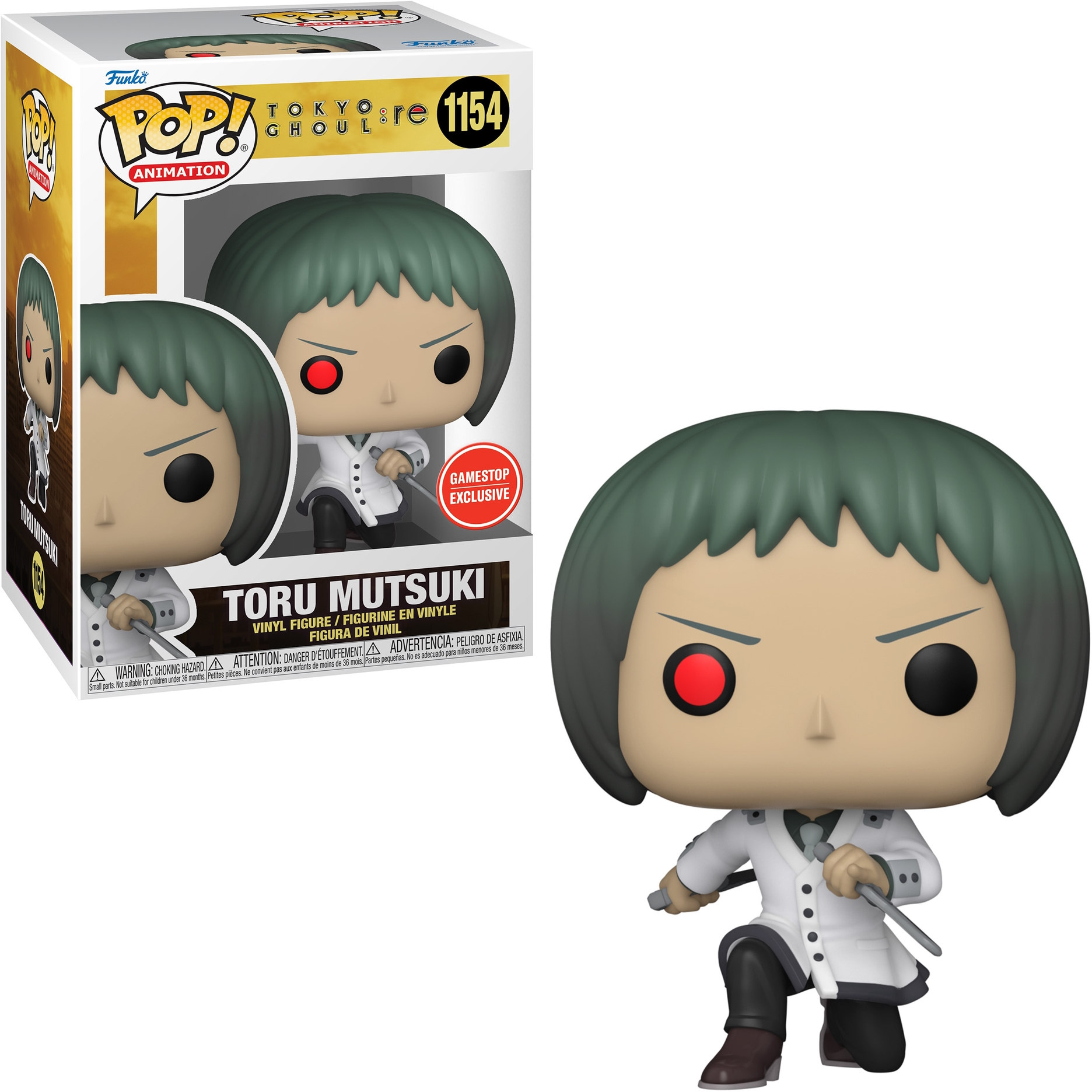 Eine Toru Mutsuki Tokyo Ghoul Funko Pop Figur in einer Box, mit einem schwarz-weißen Outfit.