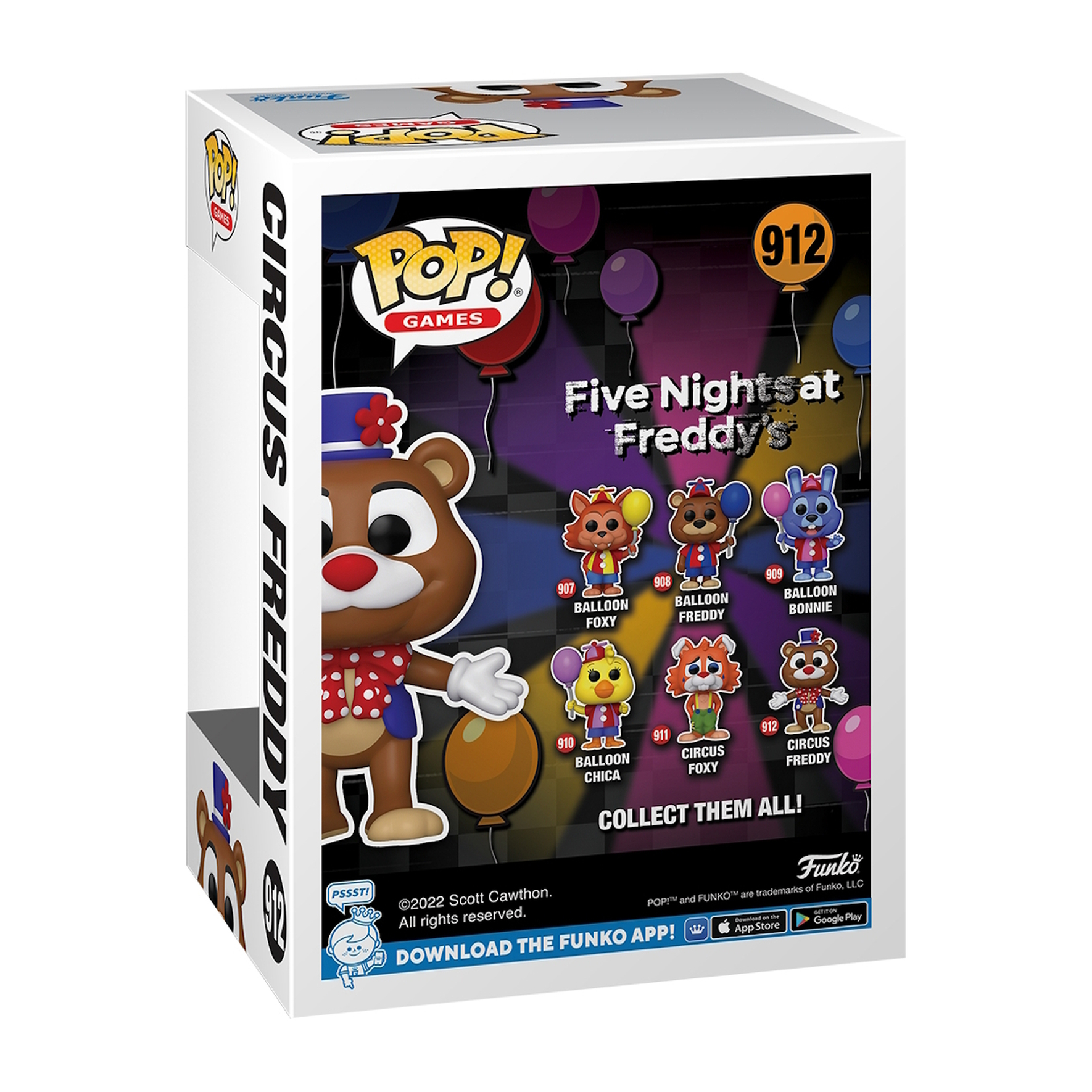 Funko Pop-Figur in der Box, Circus Freddy, mit anderen Charakteren. Hintergrund mit lila Luftballons.