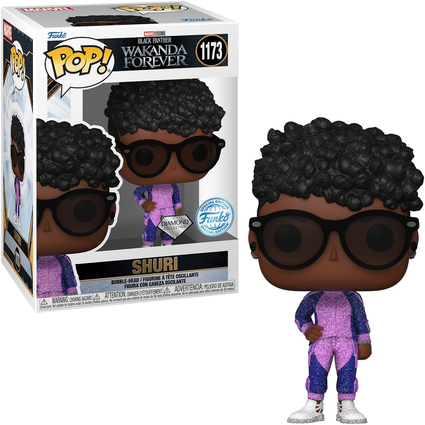 Funko Pop Figur: Shuri aus Black Panther. Trägt ein lila-rosa Outfit mit Brille.