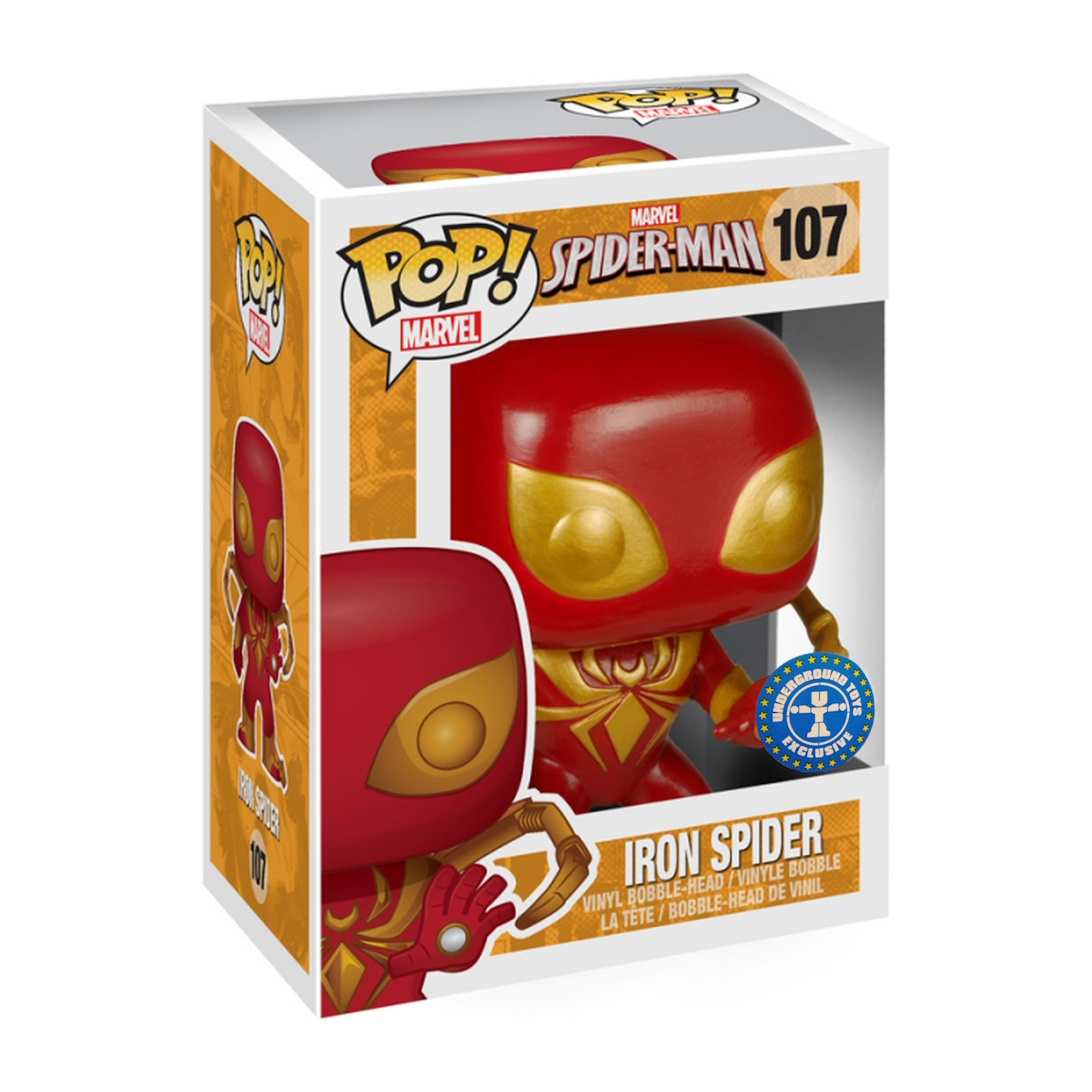 Iron Spider Figur in einer Box. Die Figur ist rot und gold, im Wackelkopf-Stil. Die Box hat Superhelden-Branding.