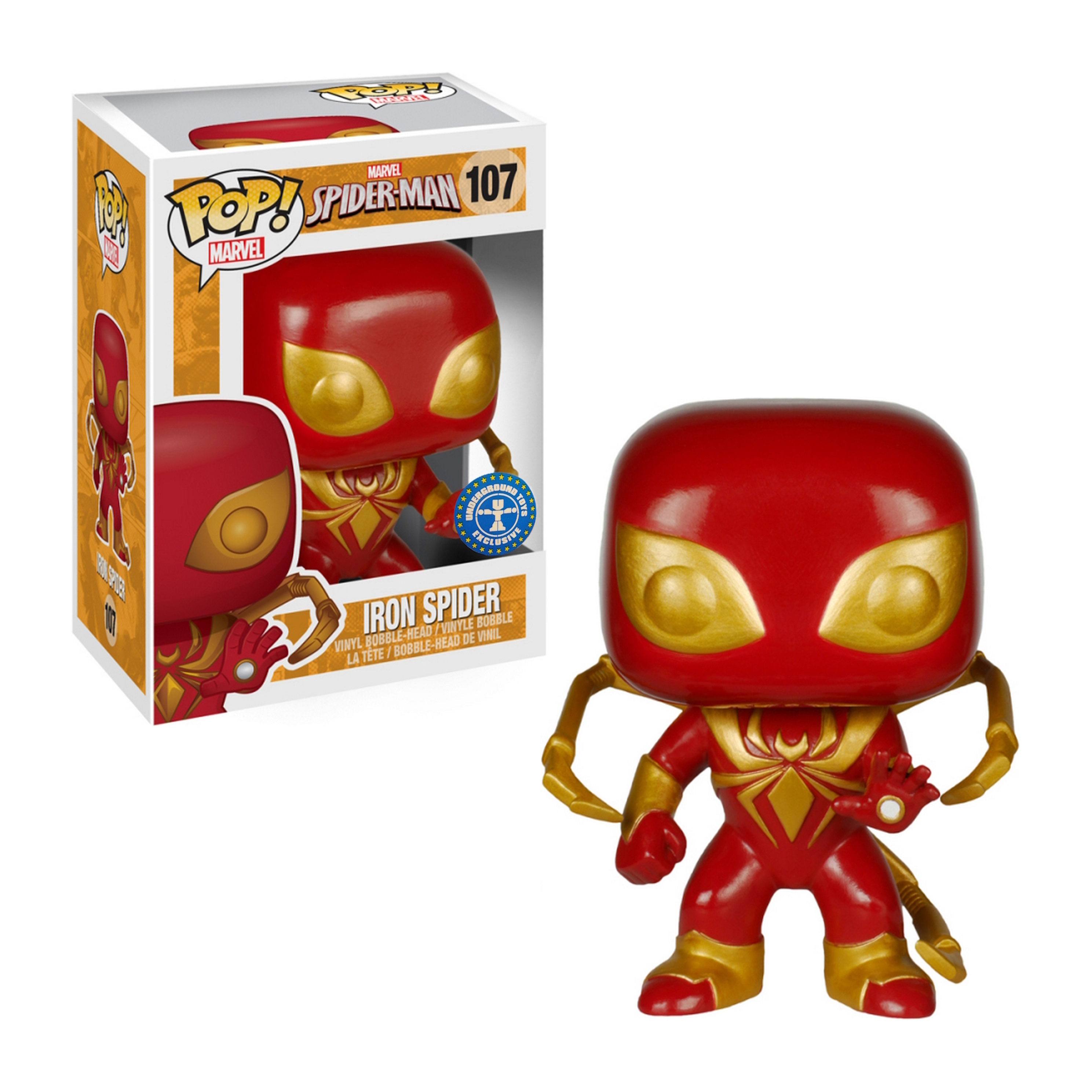 Iron Spider Funko Pop. Roter und goldener Anzug. Es ist eine Spider-Man Figur mit mechanischen Armen.