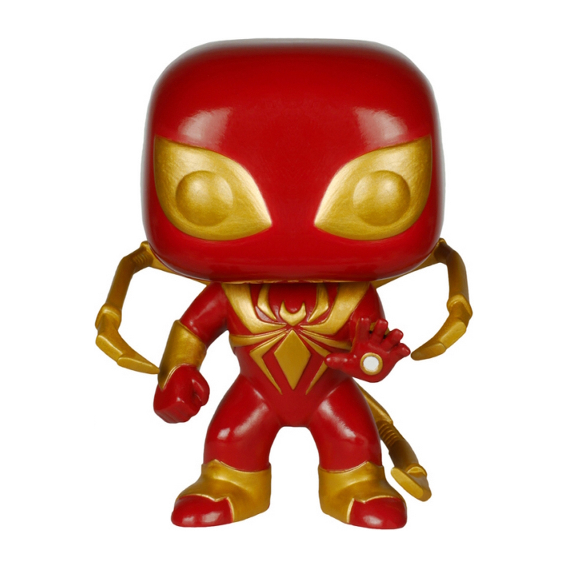 Rote und goldene Spider-Man Funko Pop Figur. Sie befindet sich in einer dynamischen Pose mit erhobener Hand.