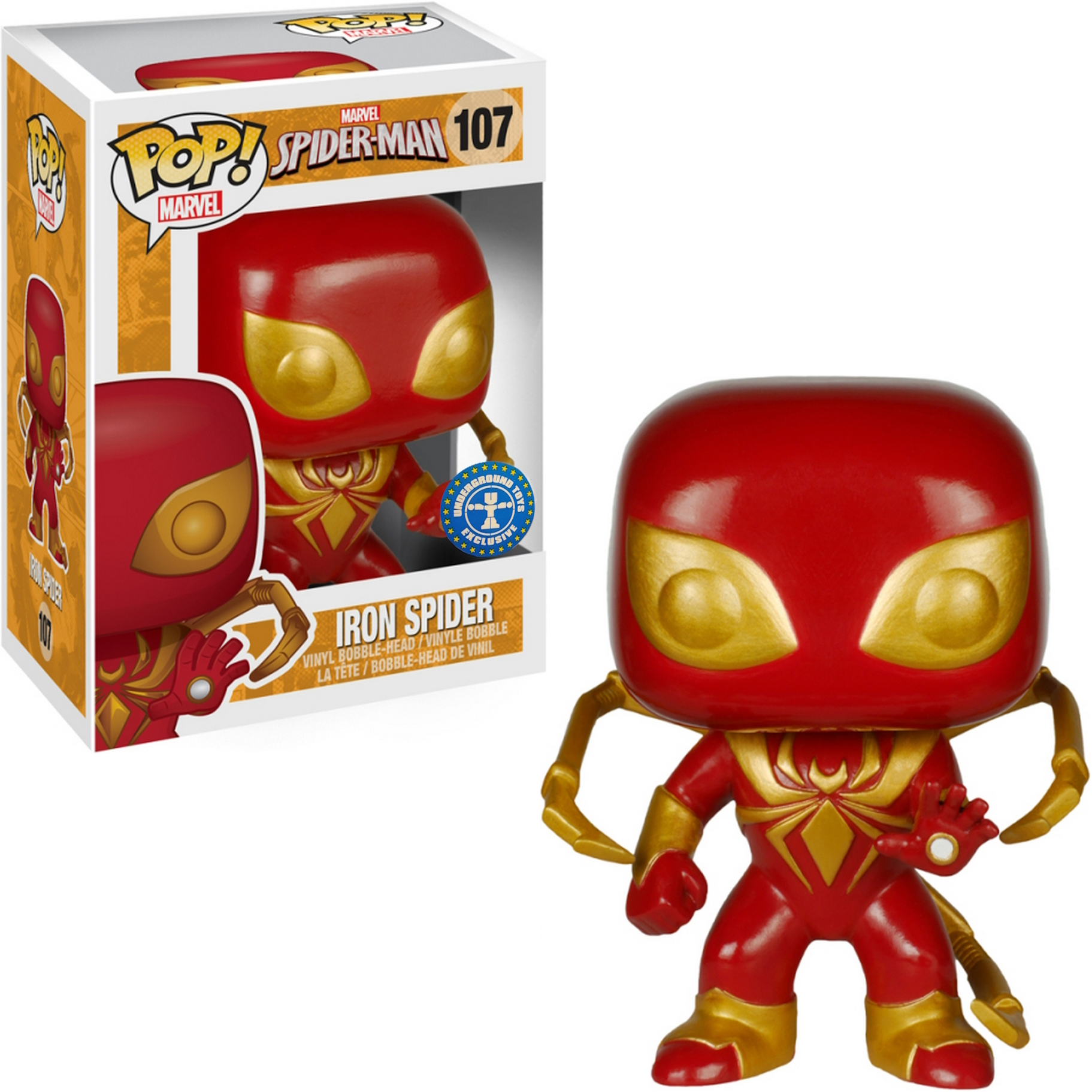 Iron Spider Funko Pop Figur in einer Box. Die Figur ist rot und gold mit einem Wackelkopf-Design.