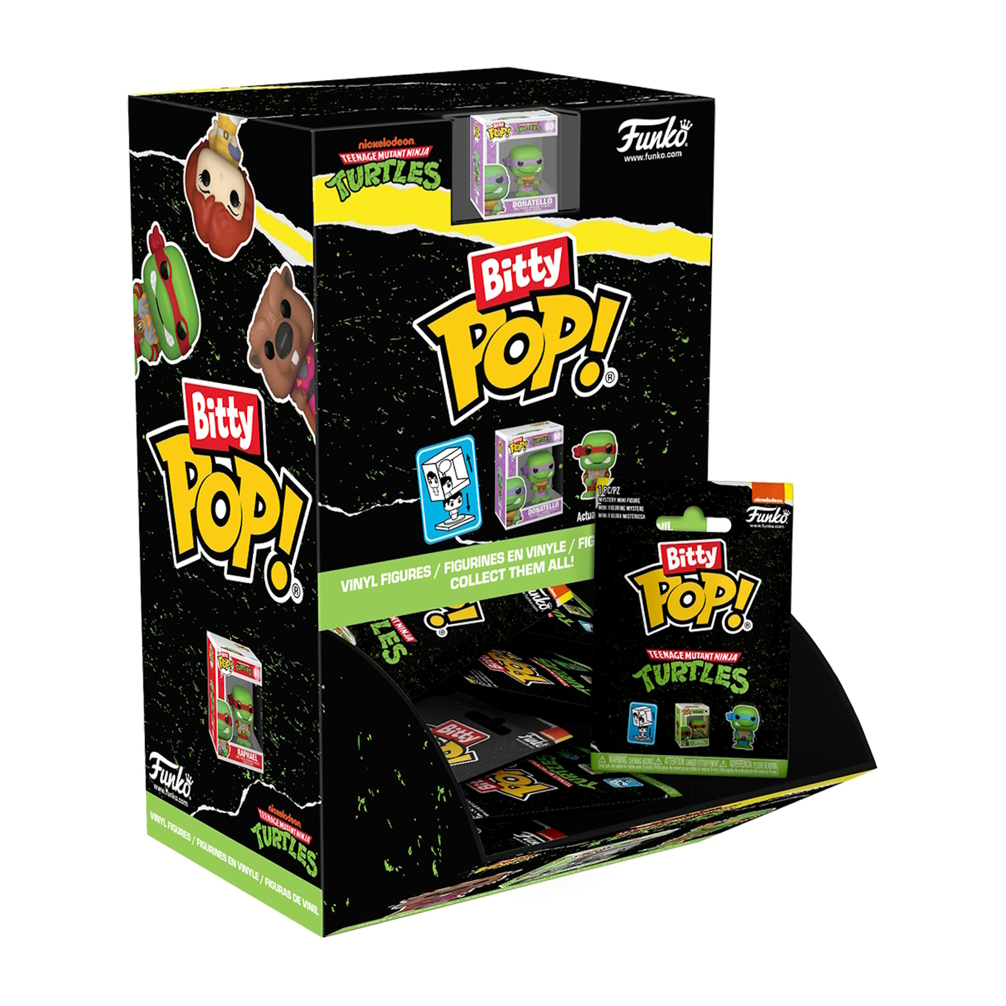 Bitty Pop Display-Box. Teenage Mutant Ninja Turtles Thema. Die Figuren sind in der Box.