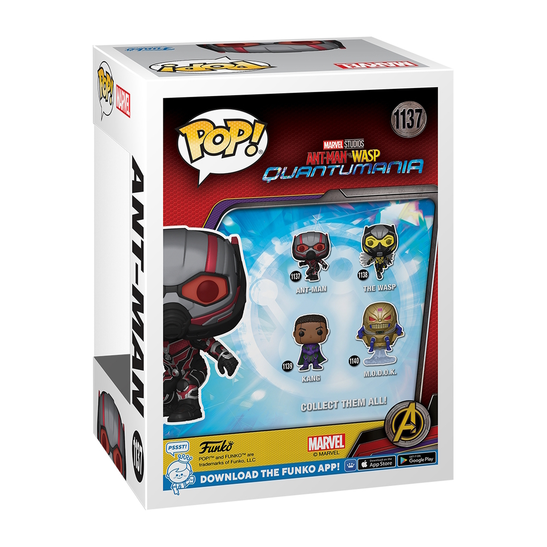 Pudełko Funko Pop dla Ant-Man and the Wasp: Quantumania. Pokazuje figurki Ant-Mana, Wasp i innych.