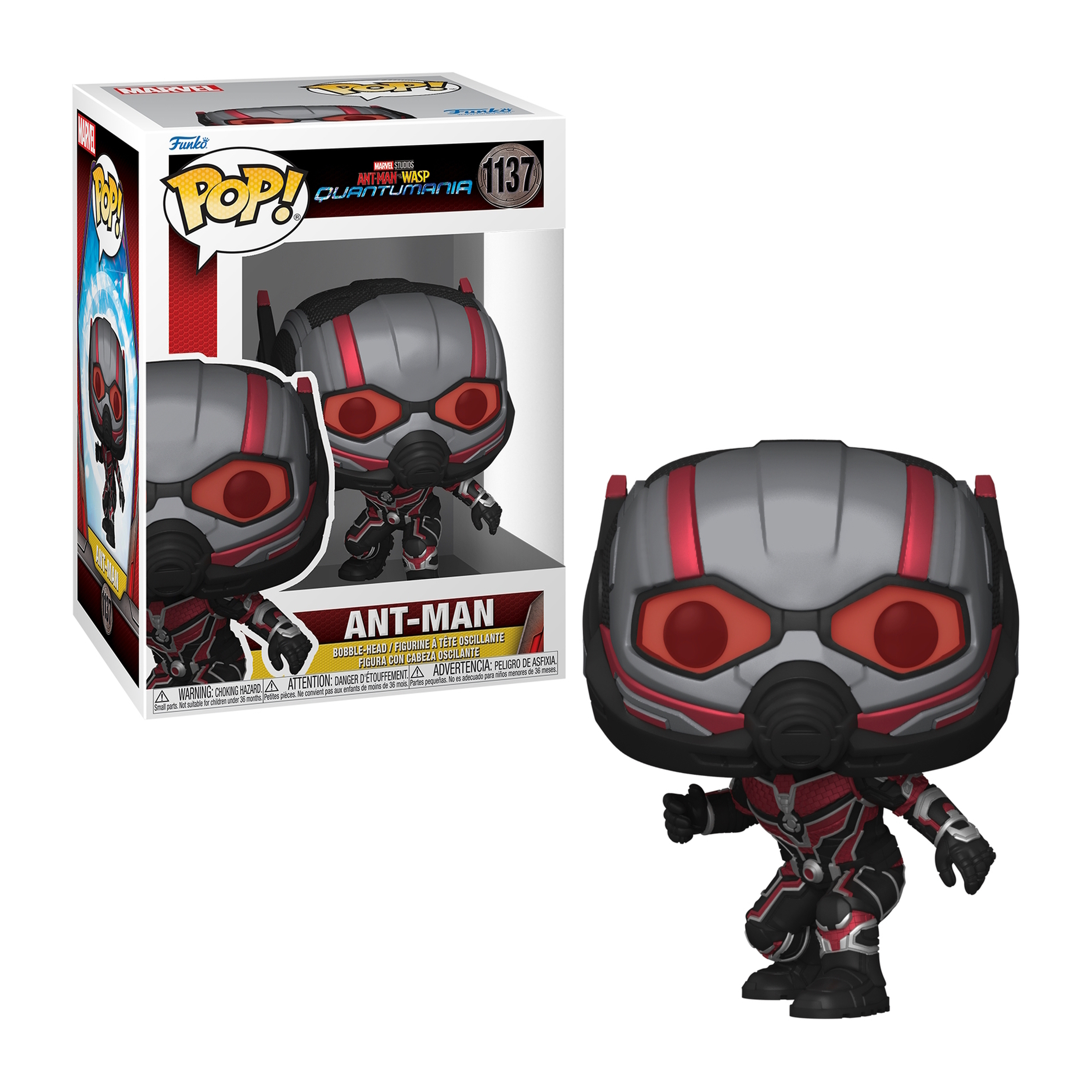 Figurka Funko Pop Ant-Man i jej pudełko. Figurka w dynamicznej pozie, w czerwono-szarym kostiumie.