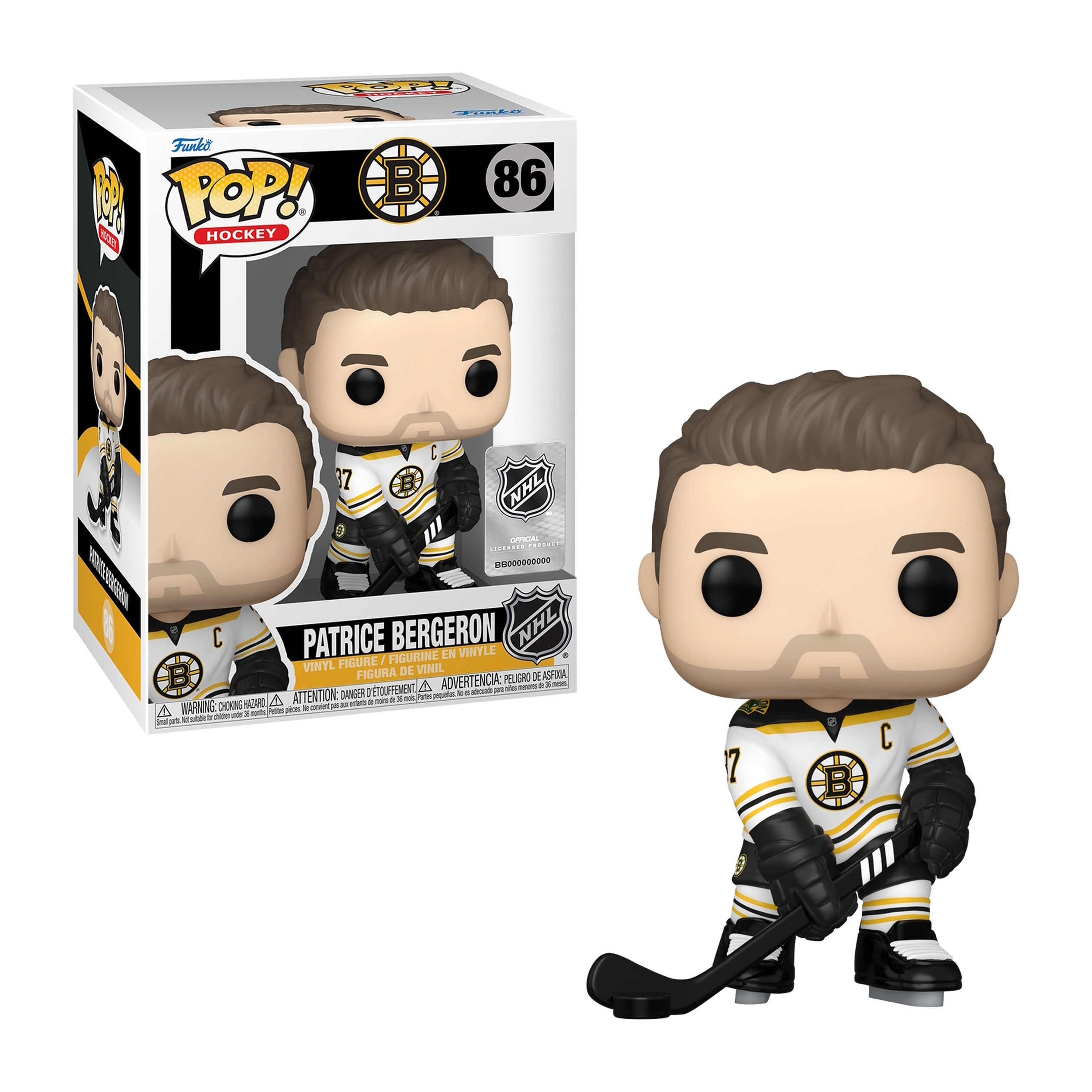 Patrice Bergeron Funko Pop Hockey Figur. Er trägt ein Bruins-Trikot und hält einen Hockeyschläger.