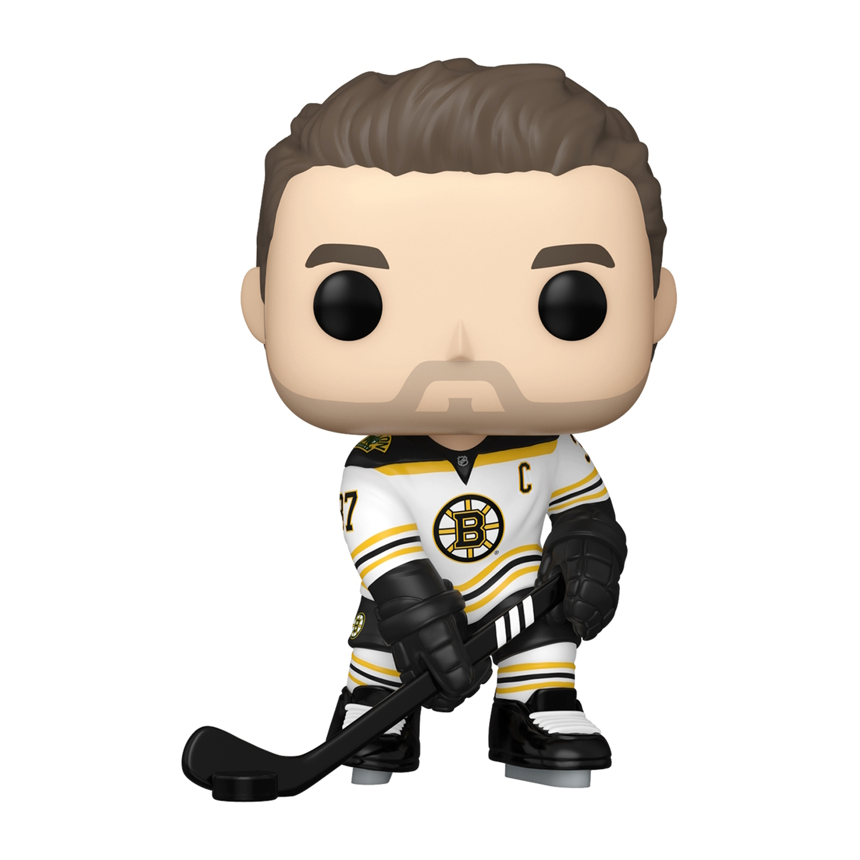 Funko Pop Figur eines Hockeyspielers im Bruins-Trikot, der einen Hockeyschläger hält.