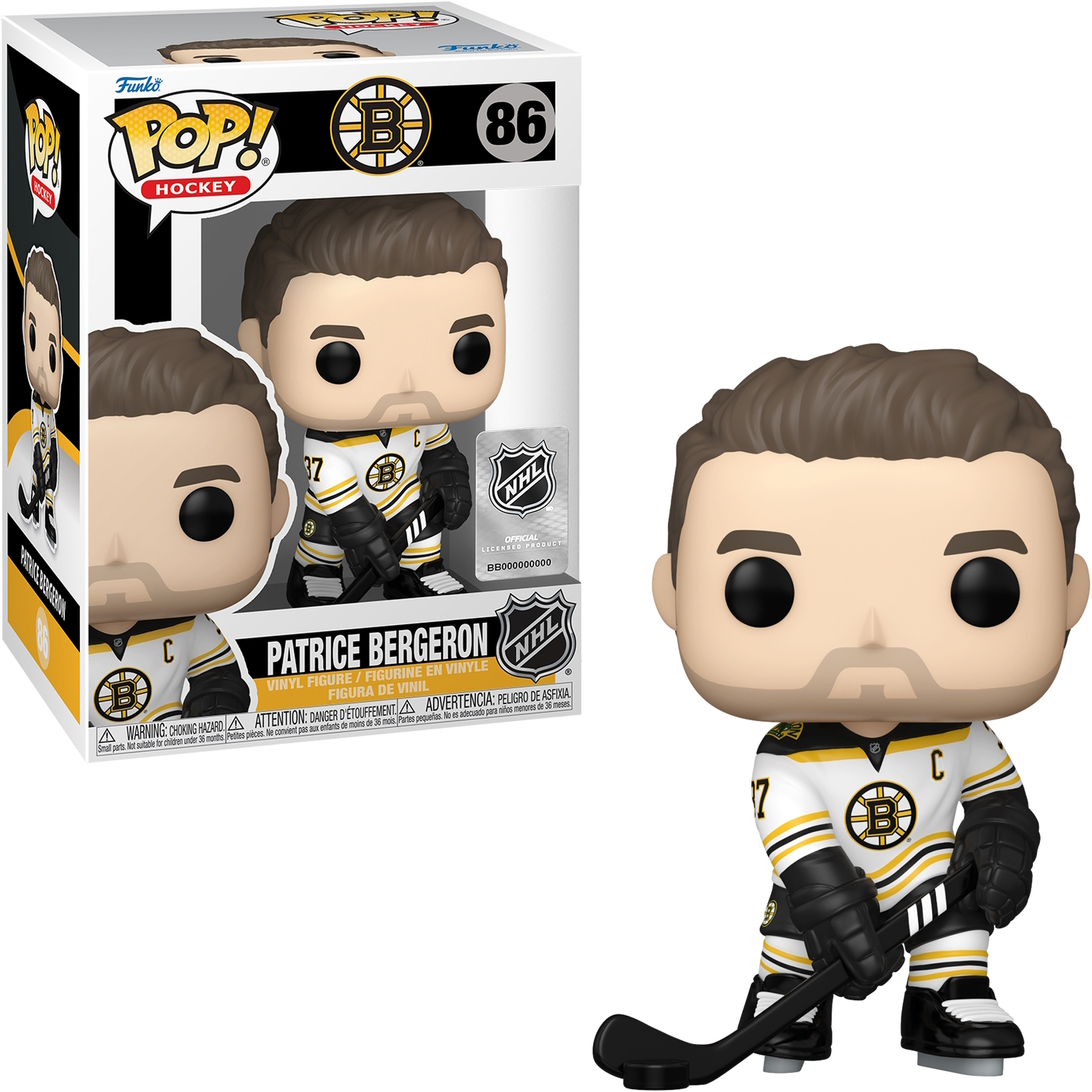 Patrice Bergeron Funko Pop Figur und Box. Figur im Hockey-Trikot, hält einen Hockeyschläger.
