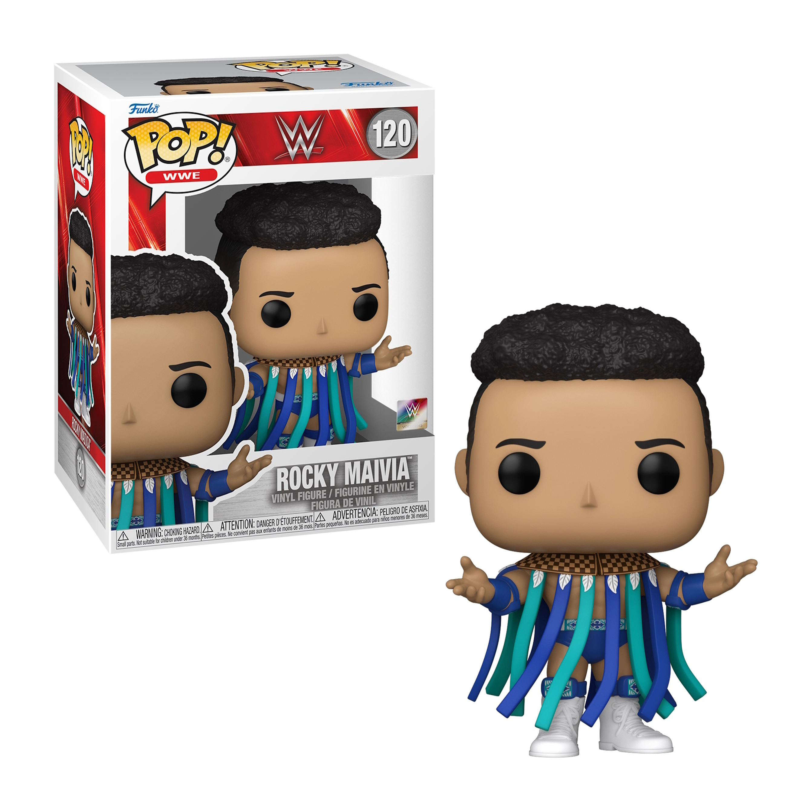 Funko Pop von Rocky Maivia in Wrestling-Outfit. Figur in Box, steht auf weißem Untergrund.