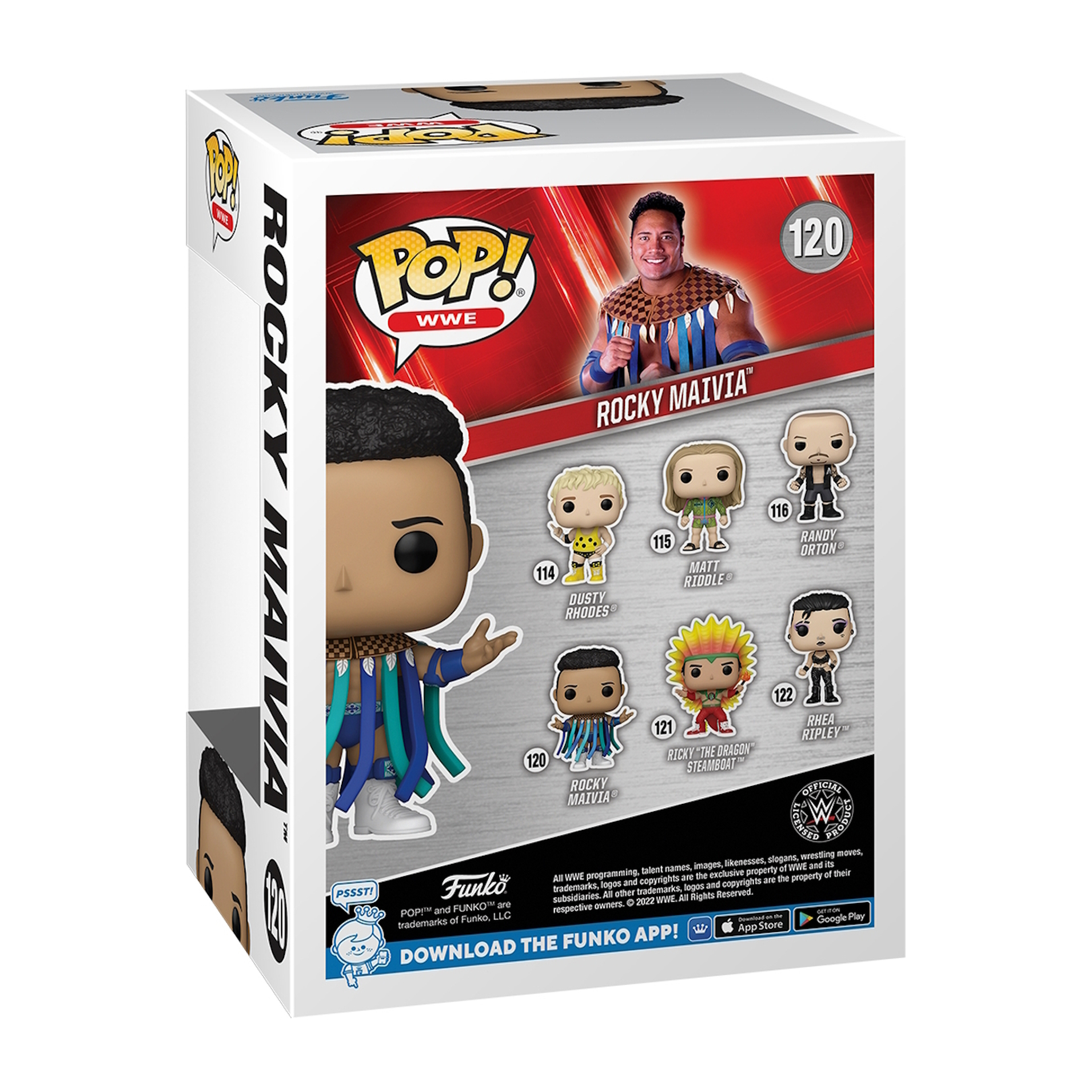 Rückseite einer Funko Pop-Box mit verschiedenen Figuren aus der WWE, darunter Rocky Maivia.