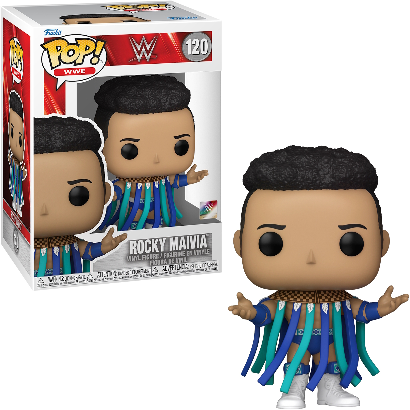 Eine Funko Pop-Figur eines Wrestlers in farbenfroher Kleidung, mit einer Box, die die Figur zeigt.
