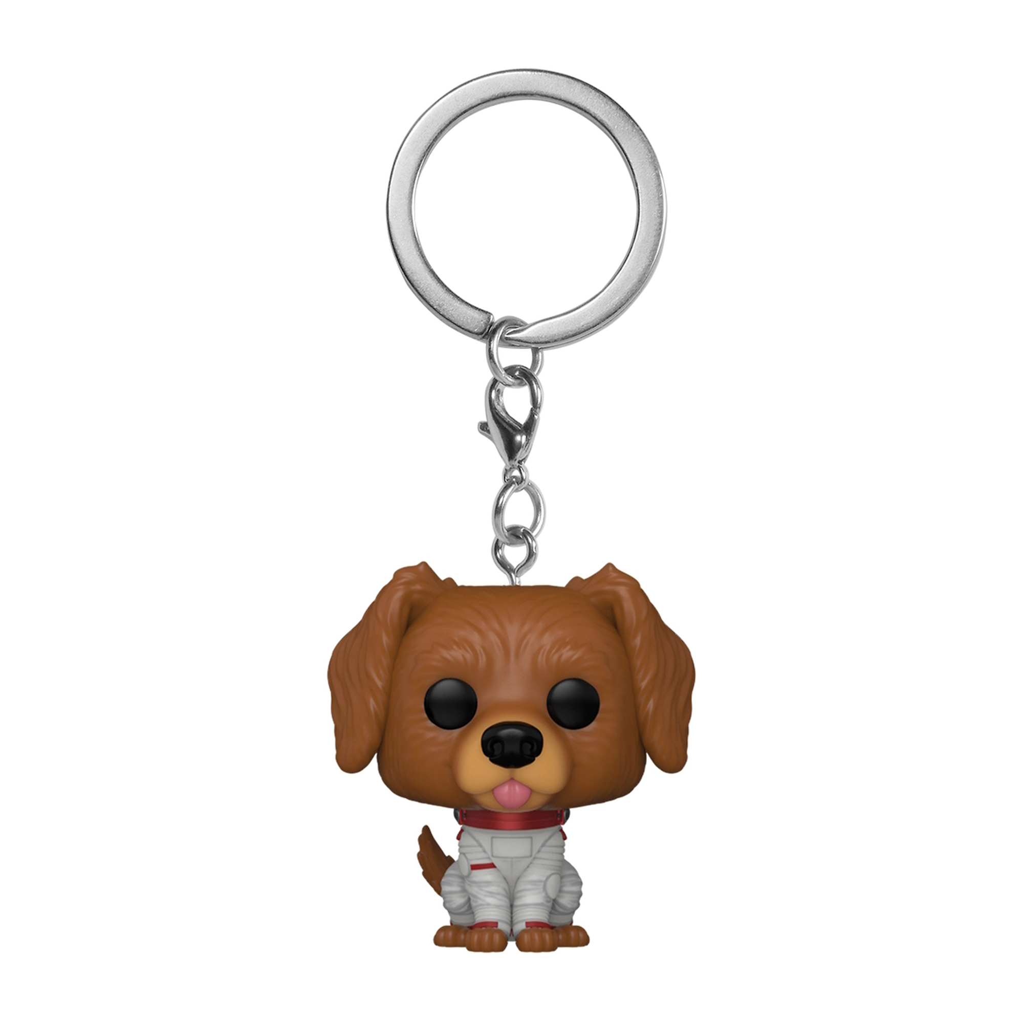 Braune Hunde-Schlüsselanhängerfigur. Trägt einen weißen Raumanzug, roten Kragen.