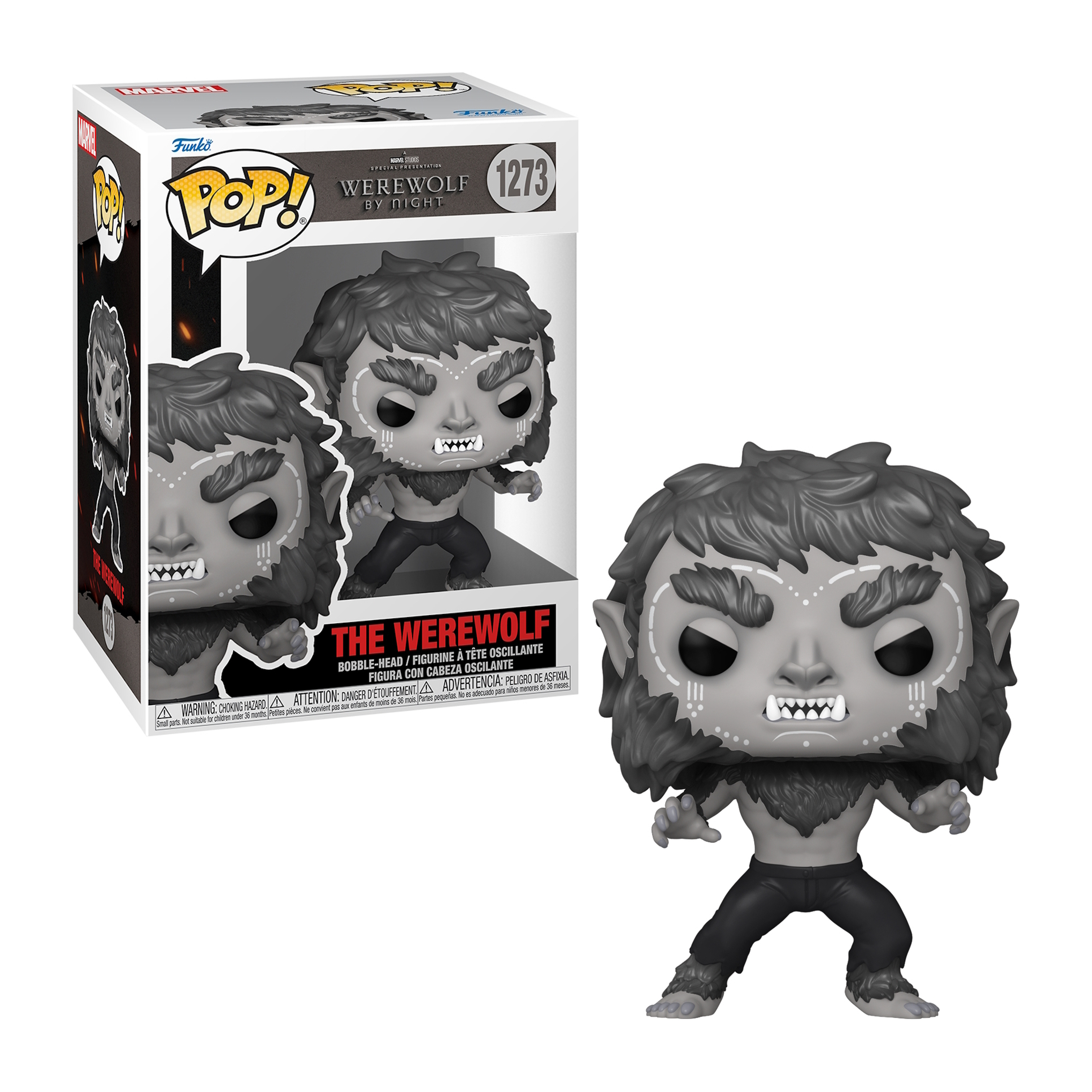 Figura de Werewolf by Night Funko Pop con caja, la figura es en gris y negro.
