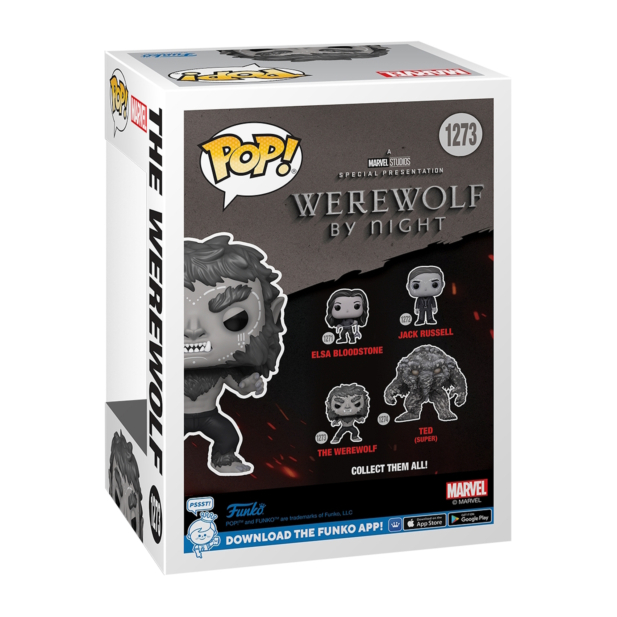 La parte trasera de una caja de Funko Pop. Presenta personajes de Werewolf by Night.