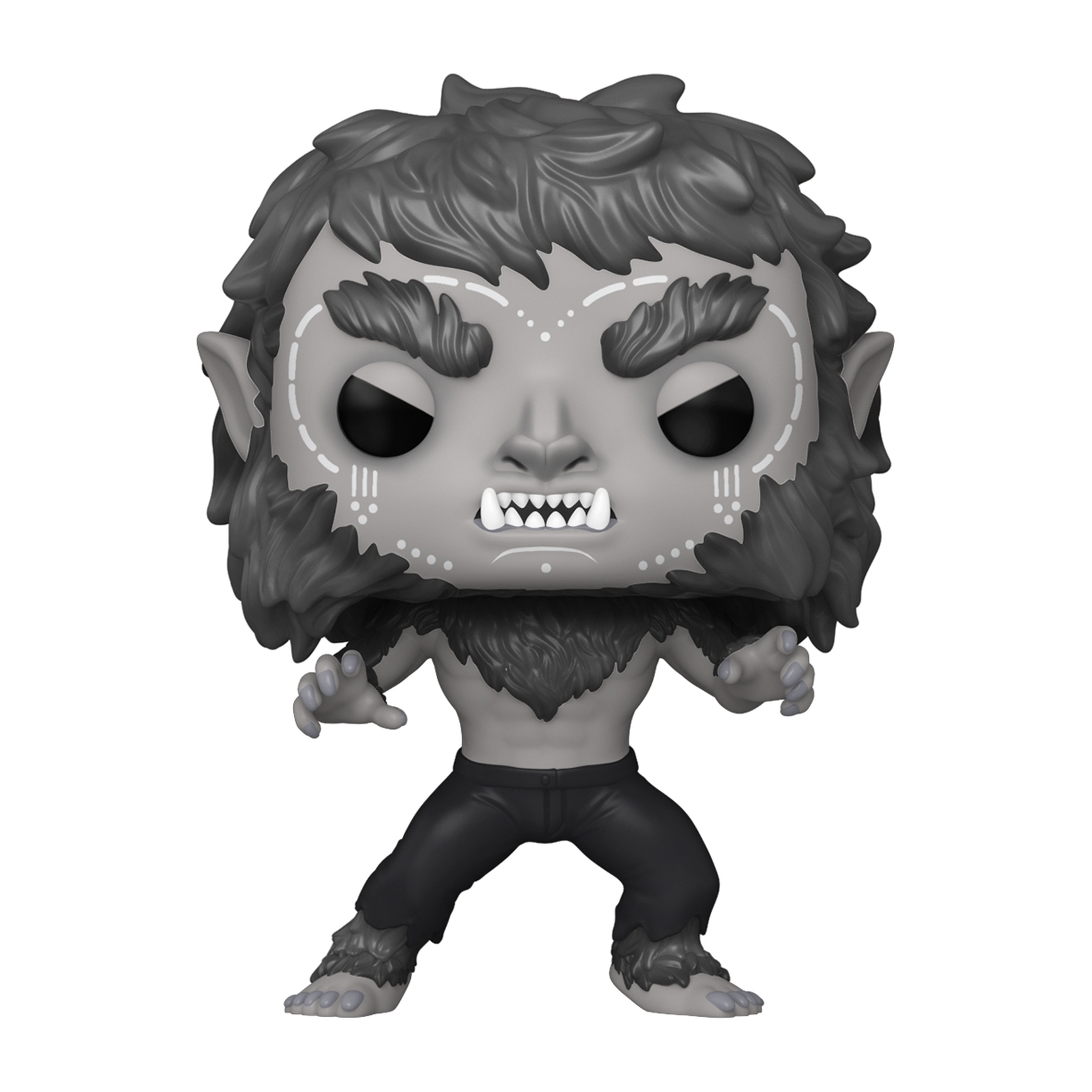Una figura de juguete de hombre lobo gris en pose de lucha, con fondo blanco.