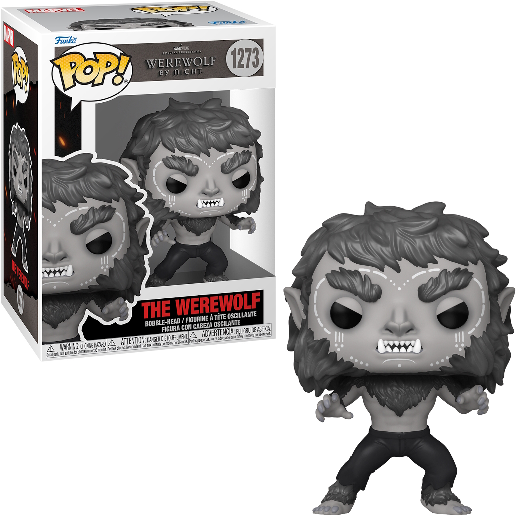 Werewolf by Night Funko Pop. Una figura negra y gris con una caja. La figura es un hombre lobo.