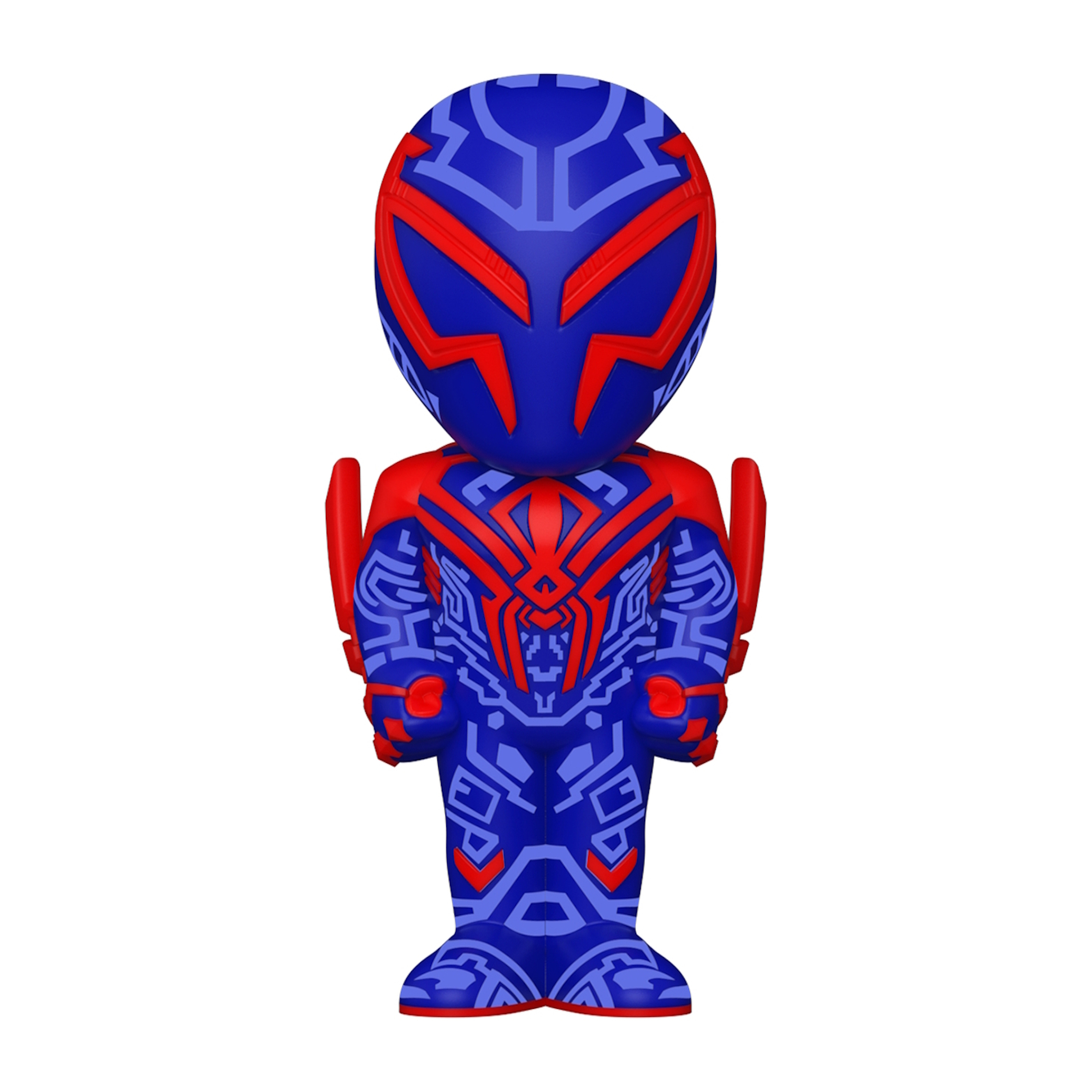 Blaue und rote Spider-Man 2099 Funko Pop Figur. Sie hat ein detailliertes Design.