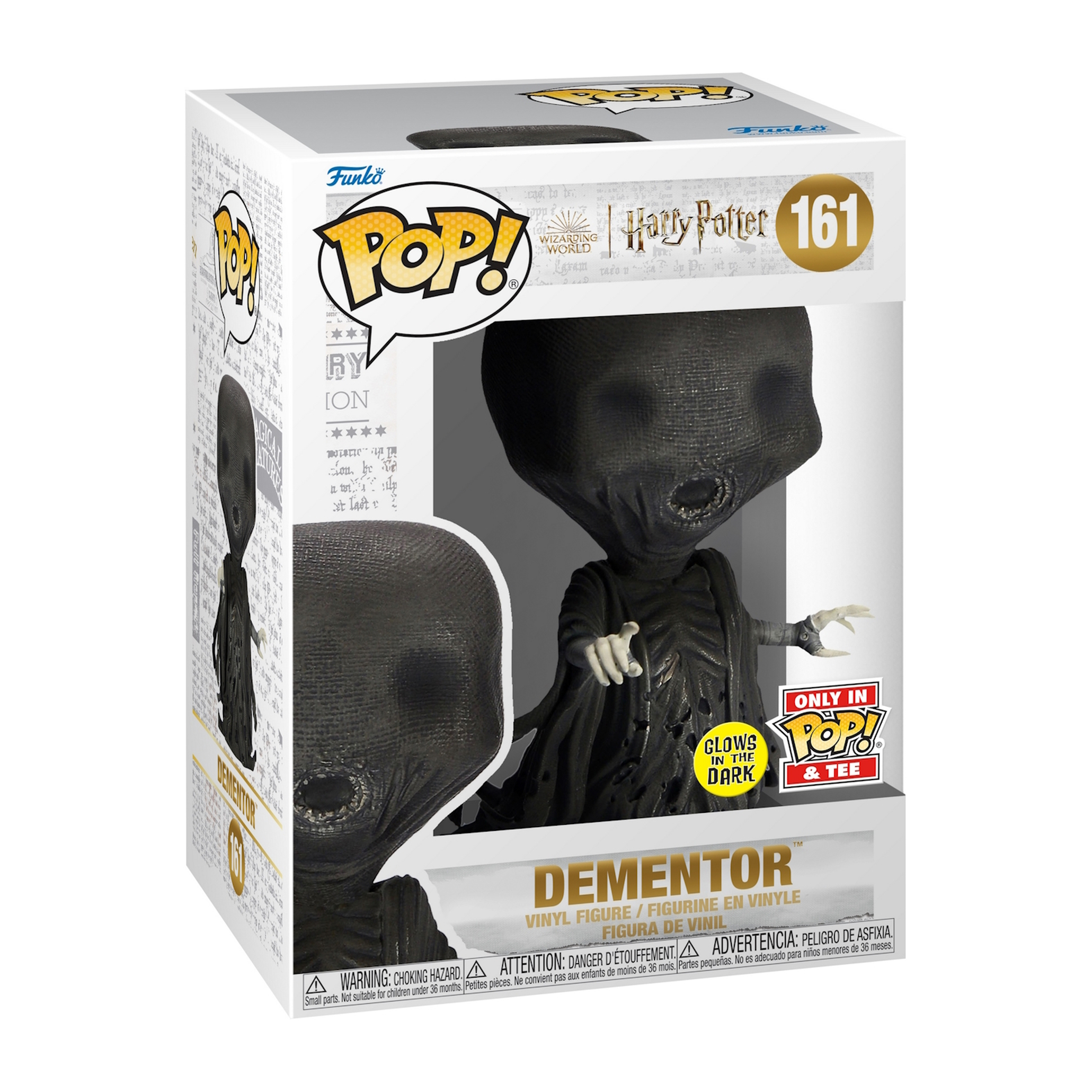 Dementor Figur in einer Box. Sie ist schwarz, hat eine Kapuze und leuchtet im Dunkeln.