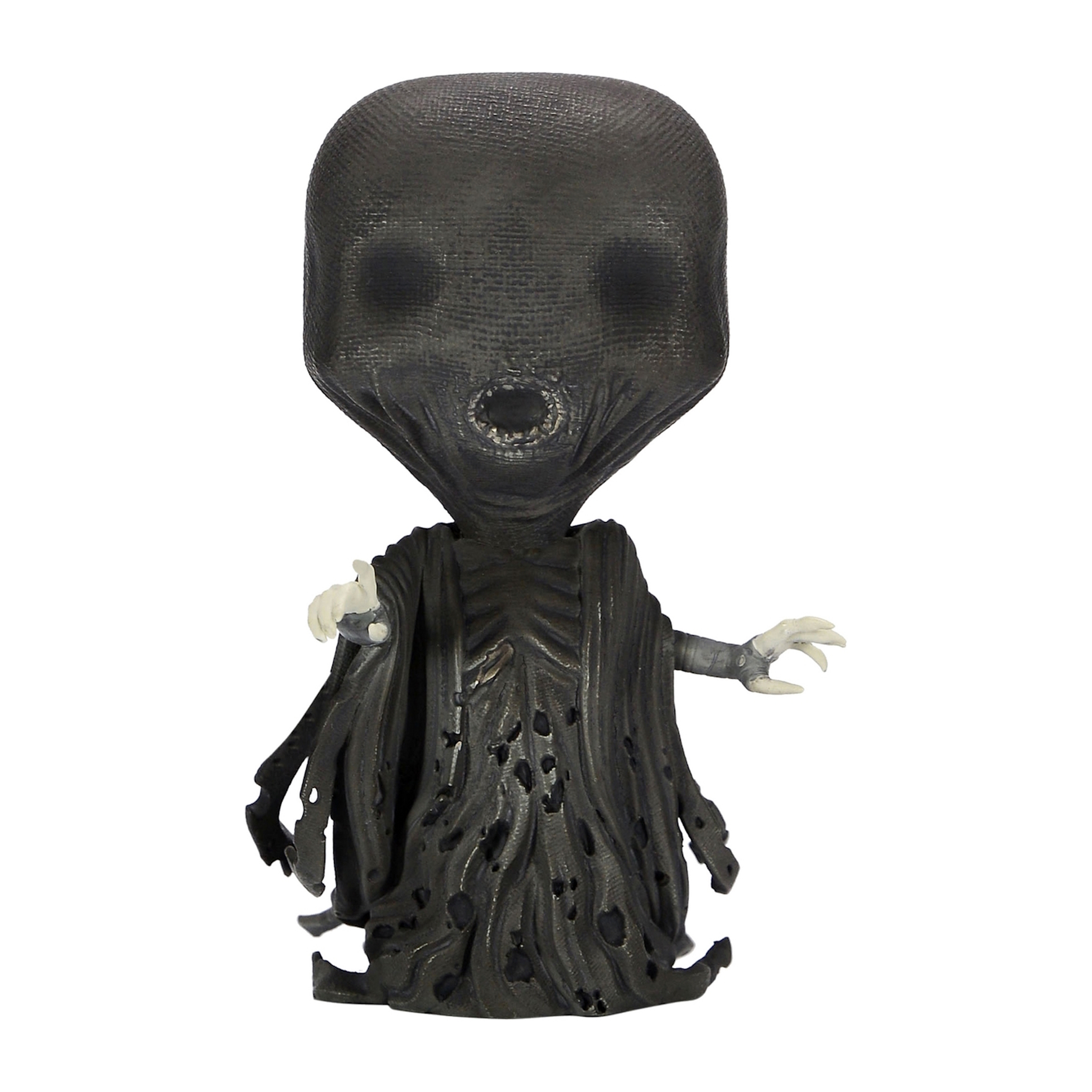 Schwarze Figur eines Monsters mit großem Kopf und offenem Mund, weißer Hintergrund.