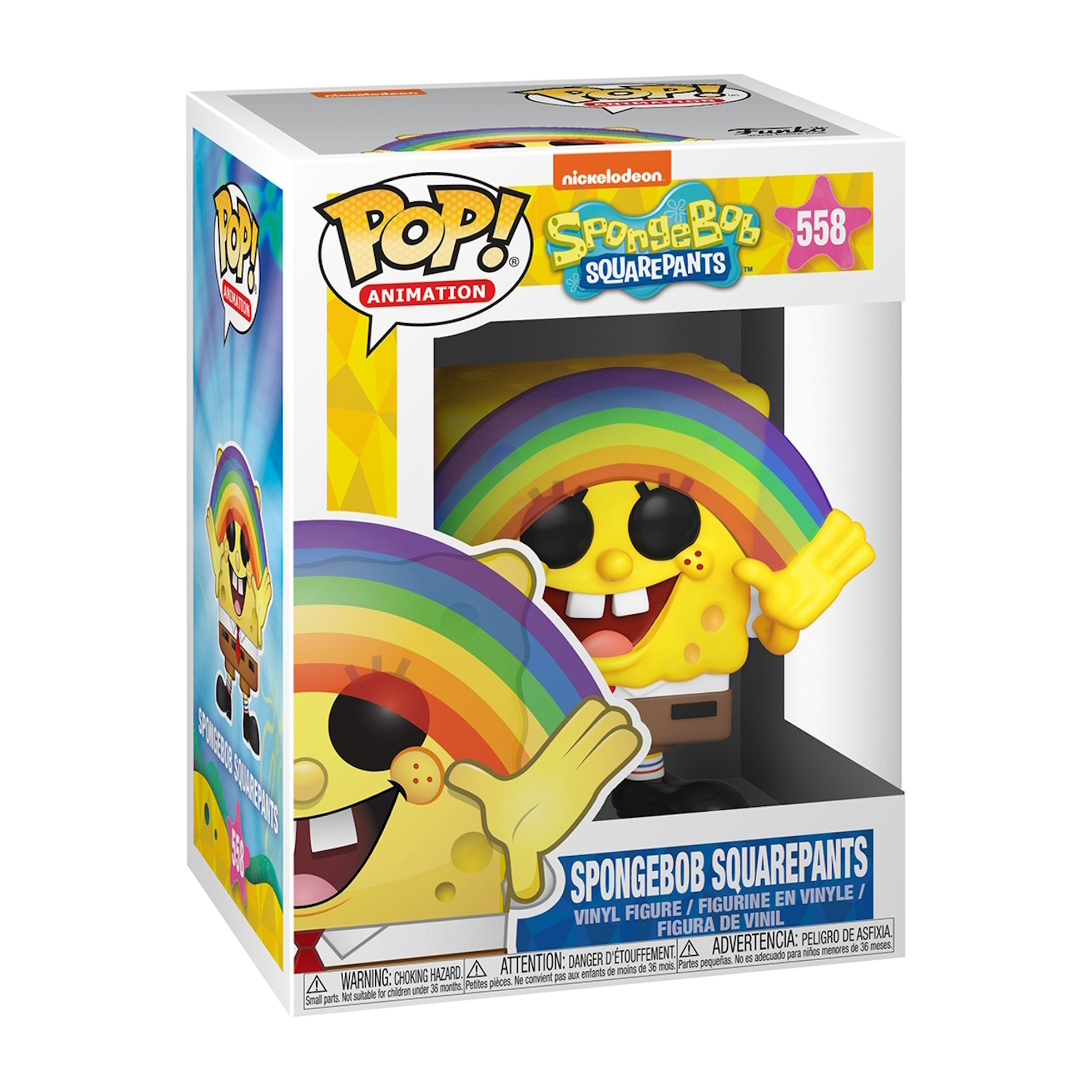 SpongeBob SquarePants Funko Pop Figur in einer Box mit Regenbogen und gelbem Hintergrund.