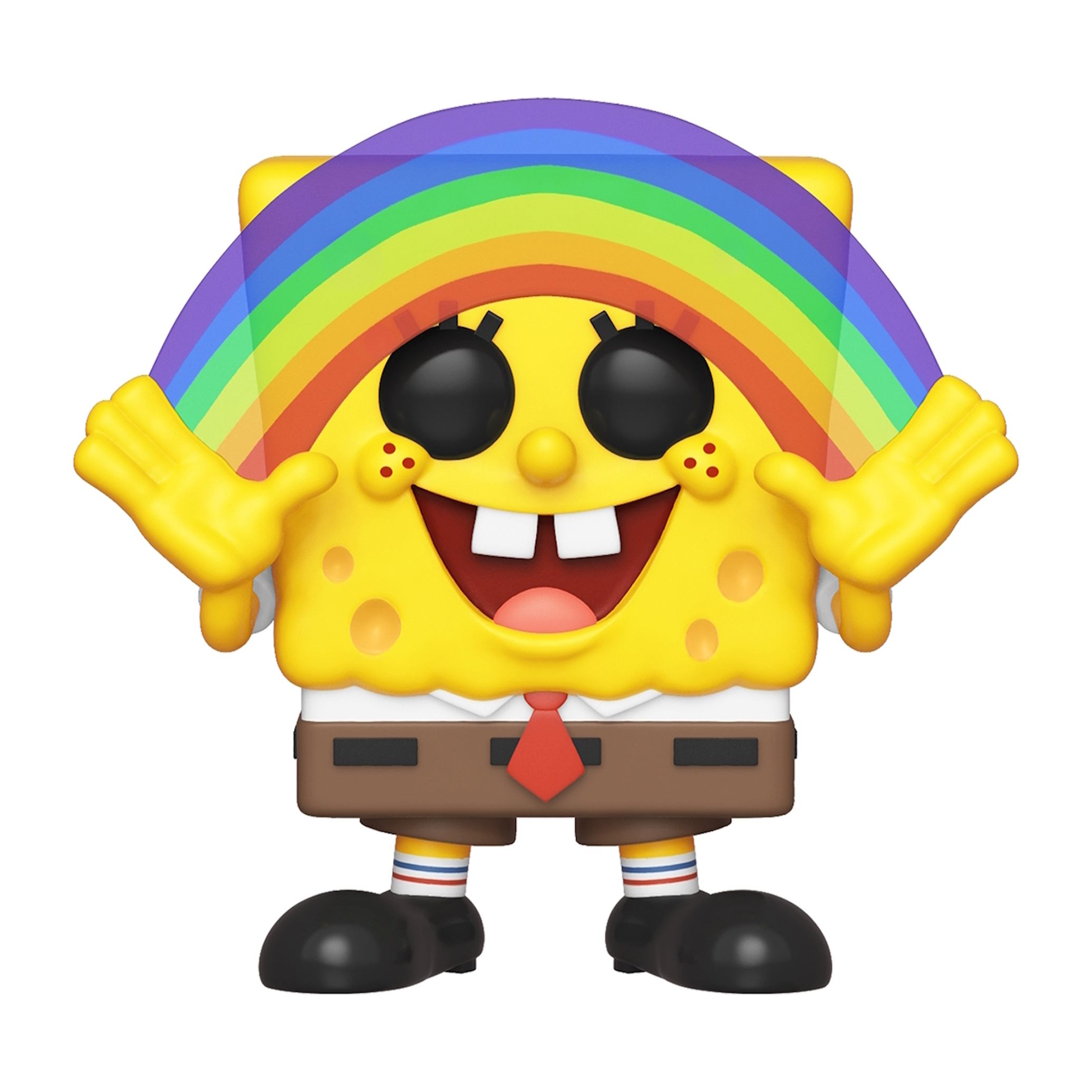 Eine gelbe SpongeBob Funko Pop-Figur mit Regenbogen darüber, lächelnd.