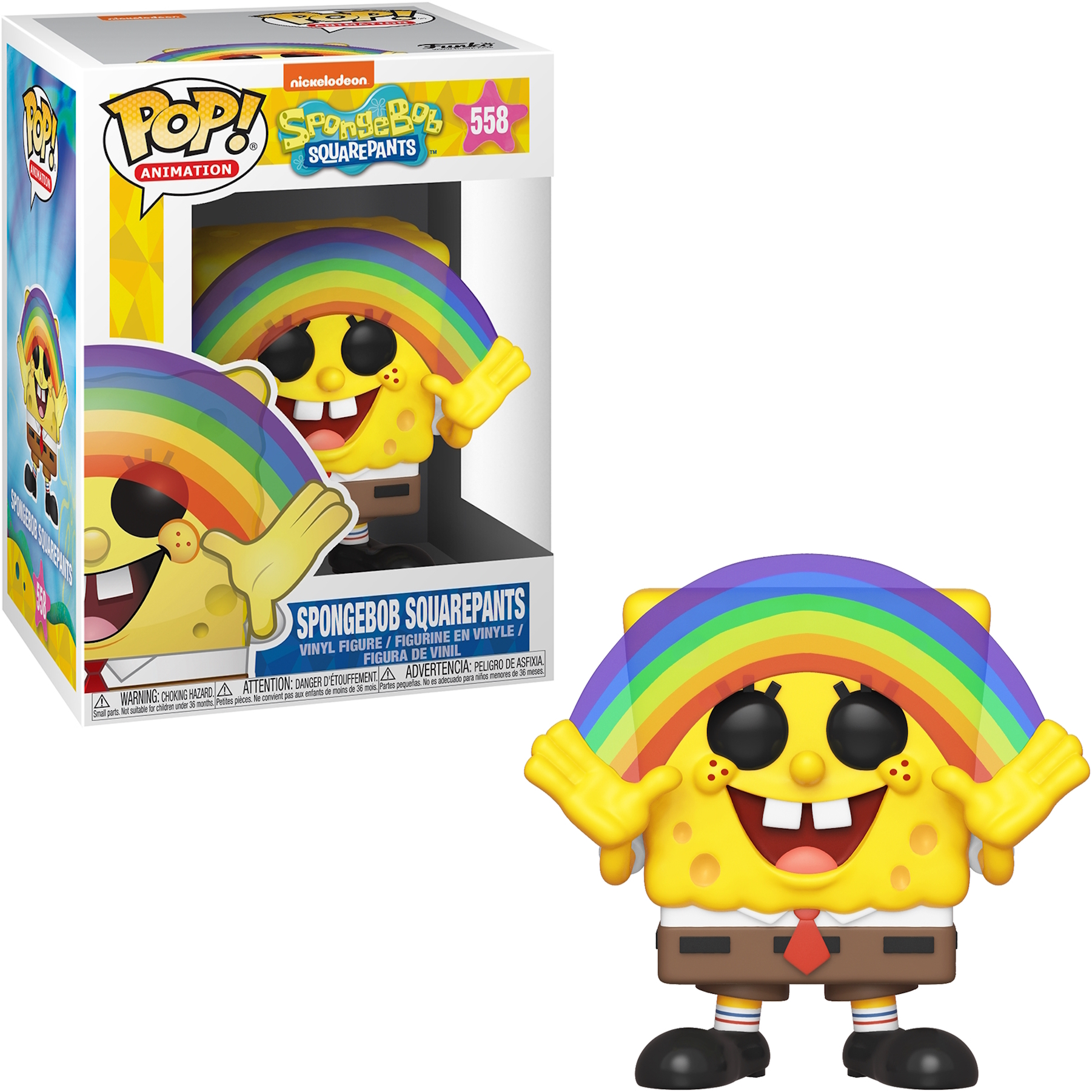 SpongeBob Schwammkopf Figur mit Regenbogen. Box links, weißer Hintergrund.