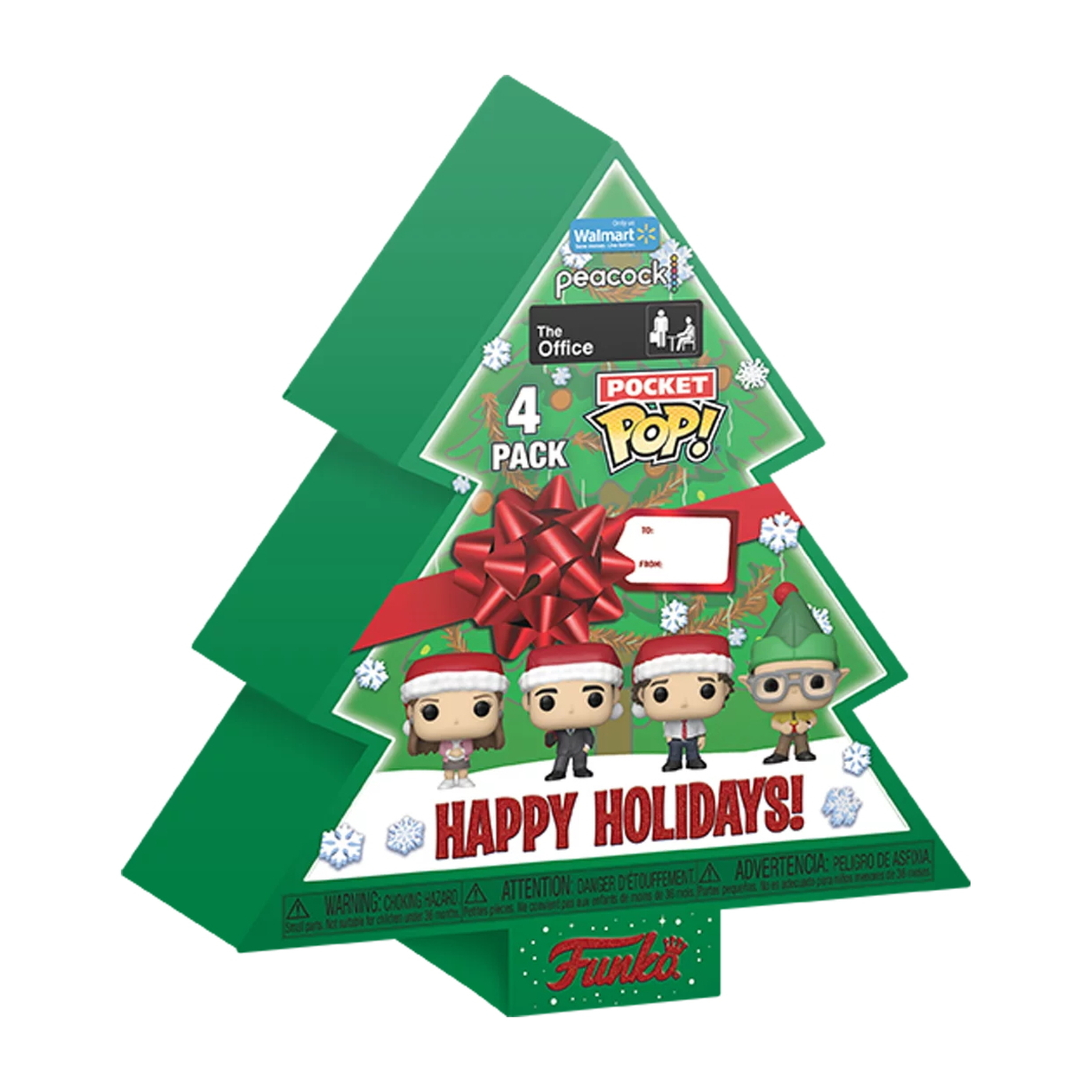 Eine Weihnachtsbaumförmige Box mit vier The Office Funko Pop Figuren. Charaktere tragen Weihnachtsmützen.