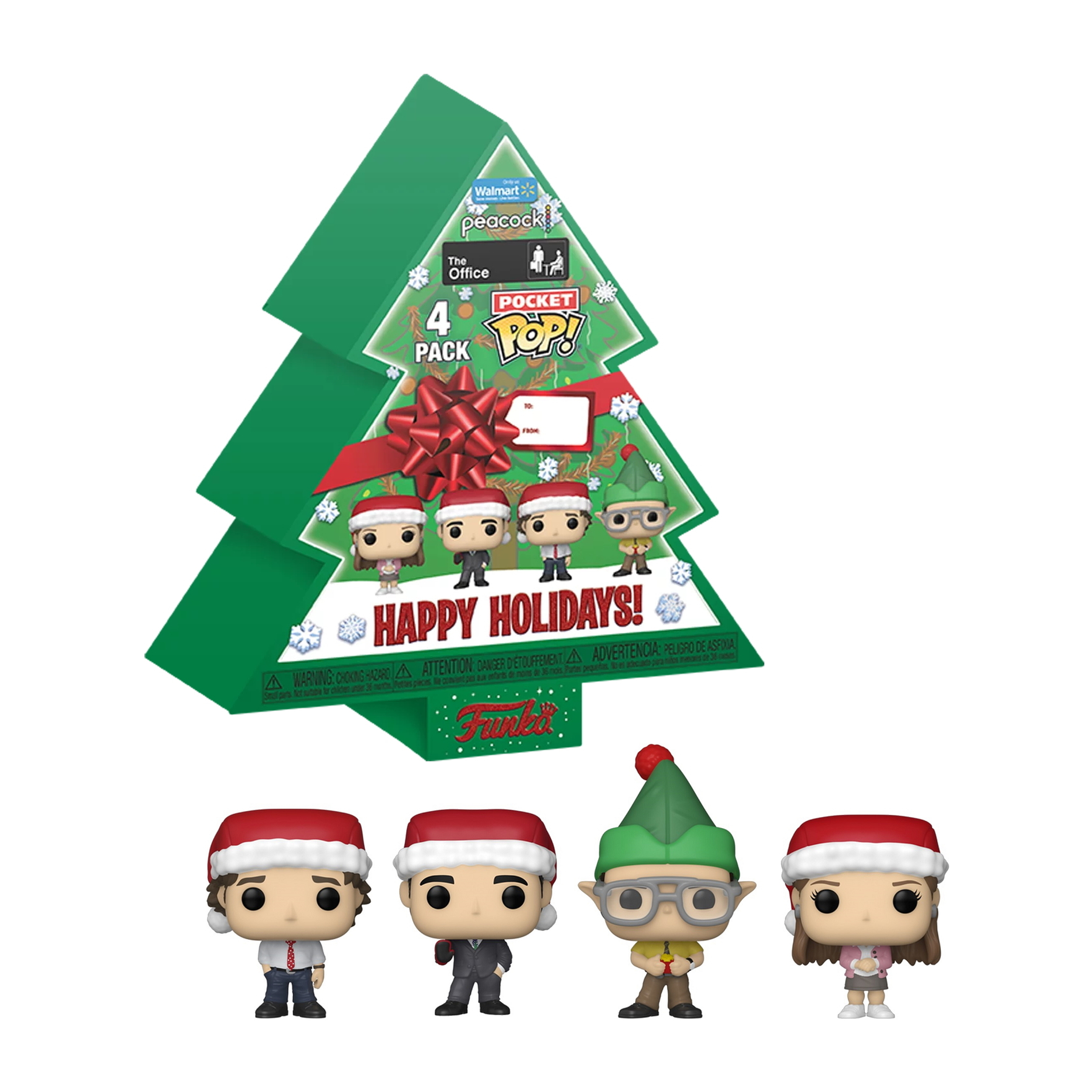 The Office Pocket Pop! Weihnachtsbaum-Box-Set mit Figuren: Dwight, Jim, Michael und Pam.