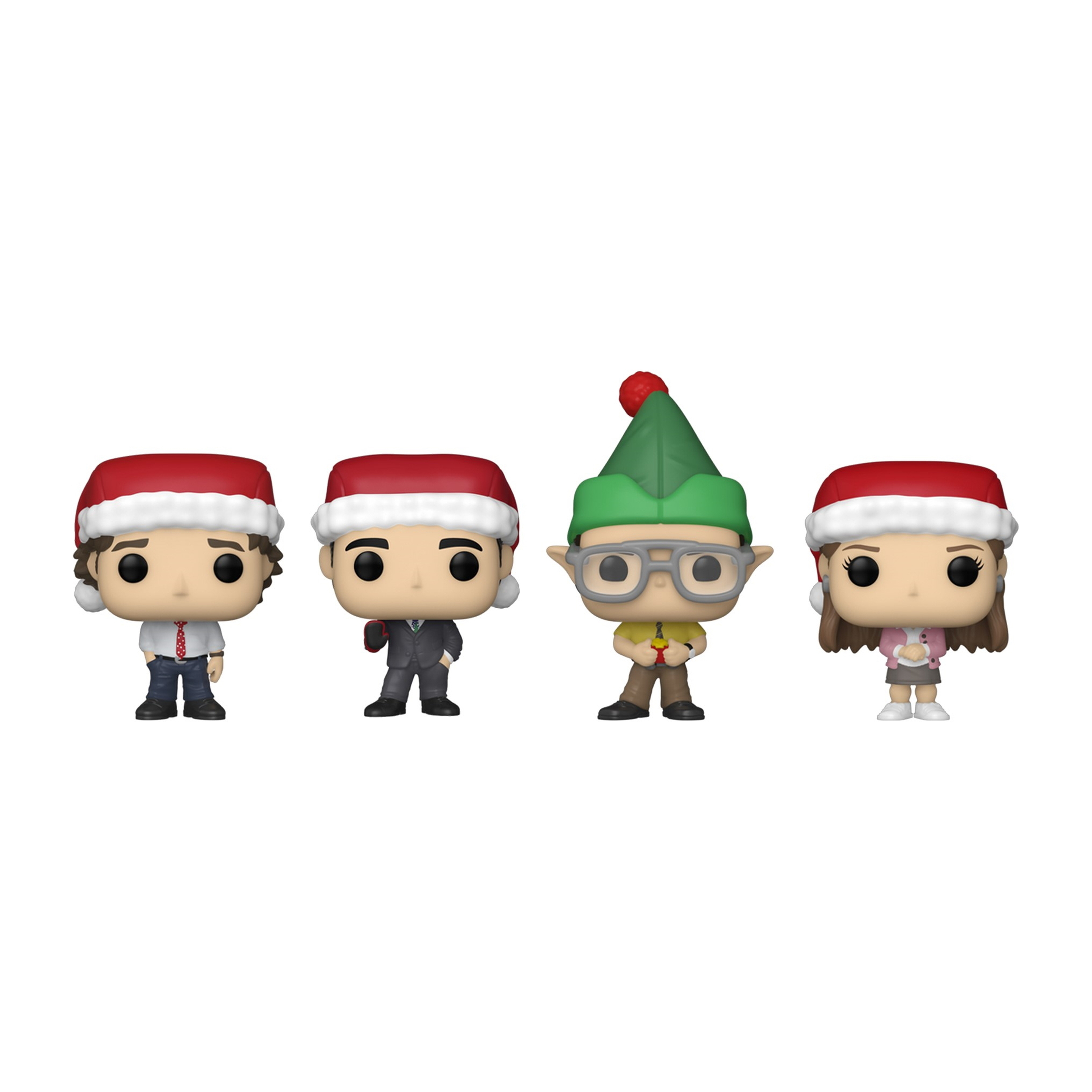 Vier Funko Pop-Figuren aus The Office, die Weihnachtsmützen tragen. Jede Figur ist anders.