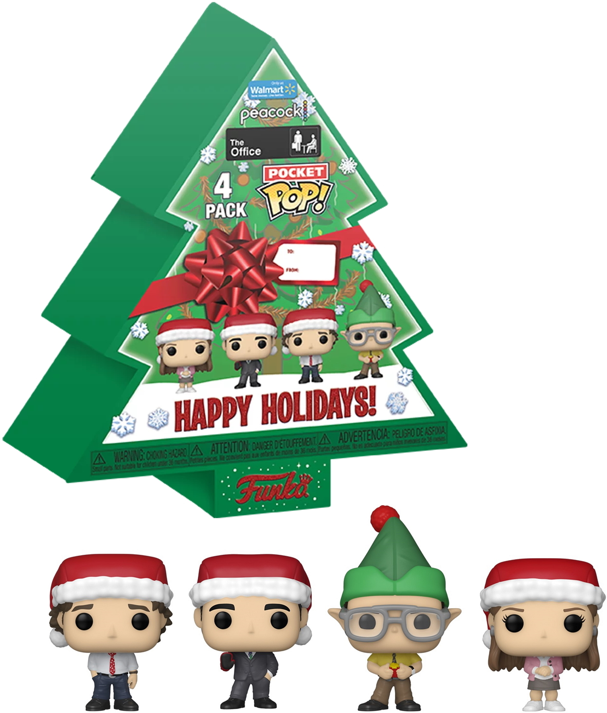 Funko Pop! The Office-Feiertagsset in einer Weihnachtsbaum-förmigen Box. Charaktere tragen Weihnachtsmützen.